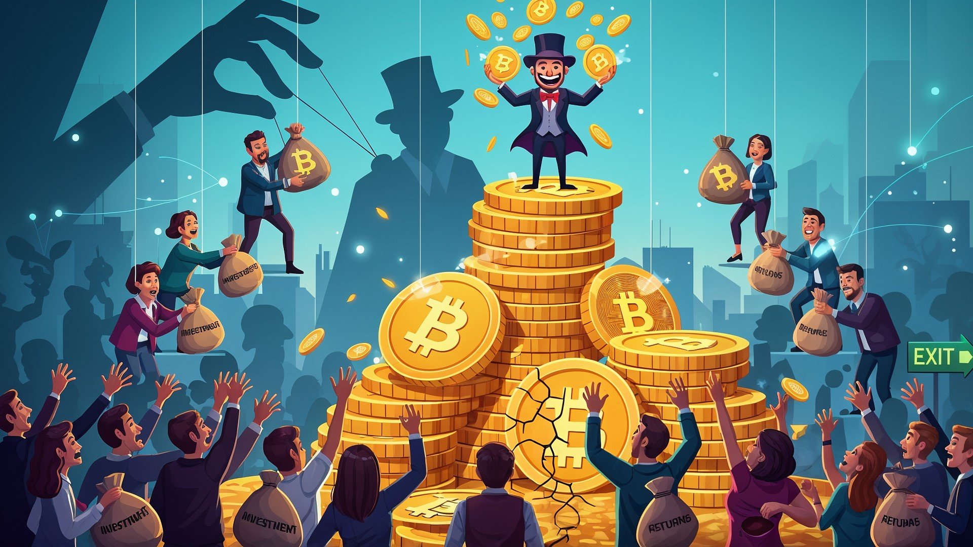 Kryptowährung, Bitcoin, Manipulation, Scam, Investoren, Stadtsilhouette, Geschäftsleute, Finanzbetrug, Geldsäcke, Geldgier, Investmentbetrug, Pyramidenschema, Finanzmanipulation, Geldbetrug, Marionettenspieler, Münzstapel, Ponzi