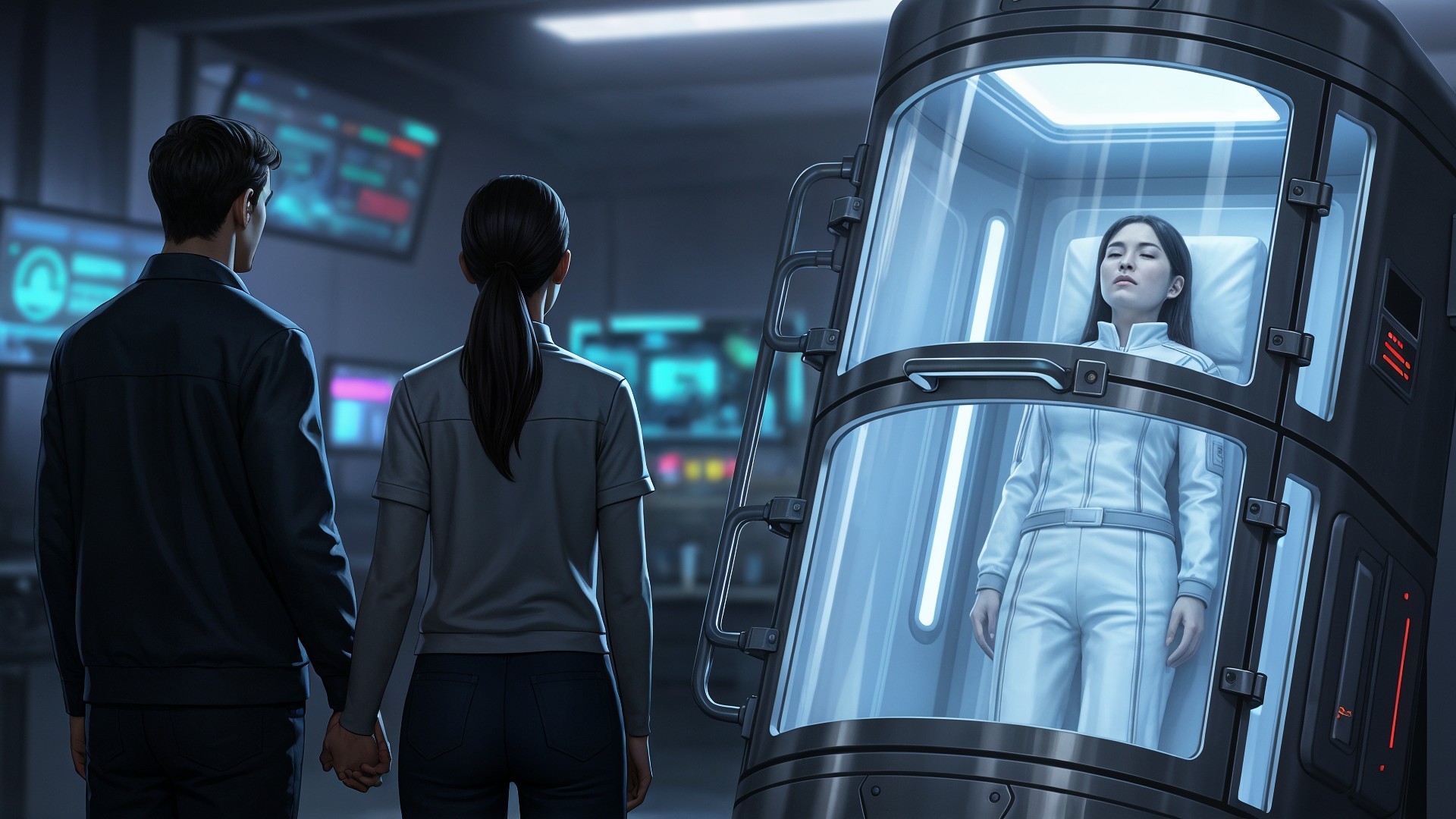 Sci-Fi, Zukunftstechnologie, Medizintechnik, Raumfahrttechnik, Futurismus, Biomedizin, Forschungslabor, Einfrieren, Hibernation, Lebenserhaltung, Kryonik, Kryostase, Wissenschaftslabor, Kryokammer, Langzeitschlaf