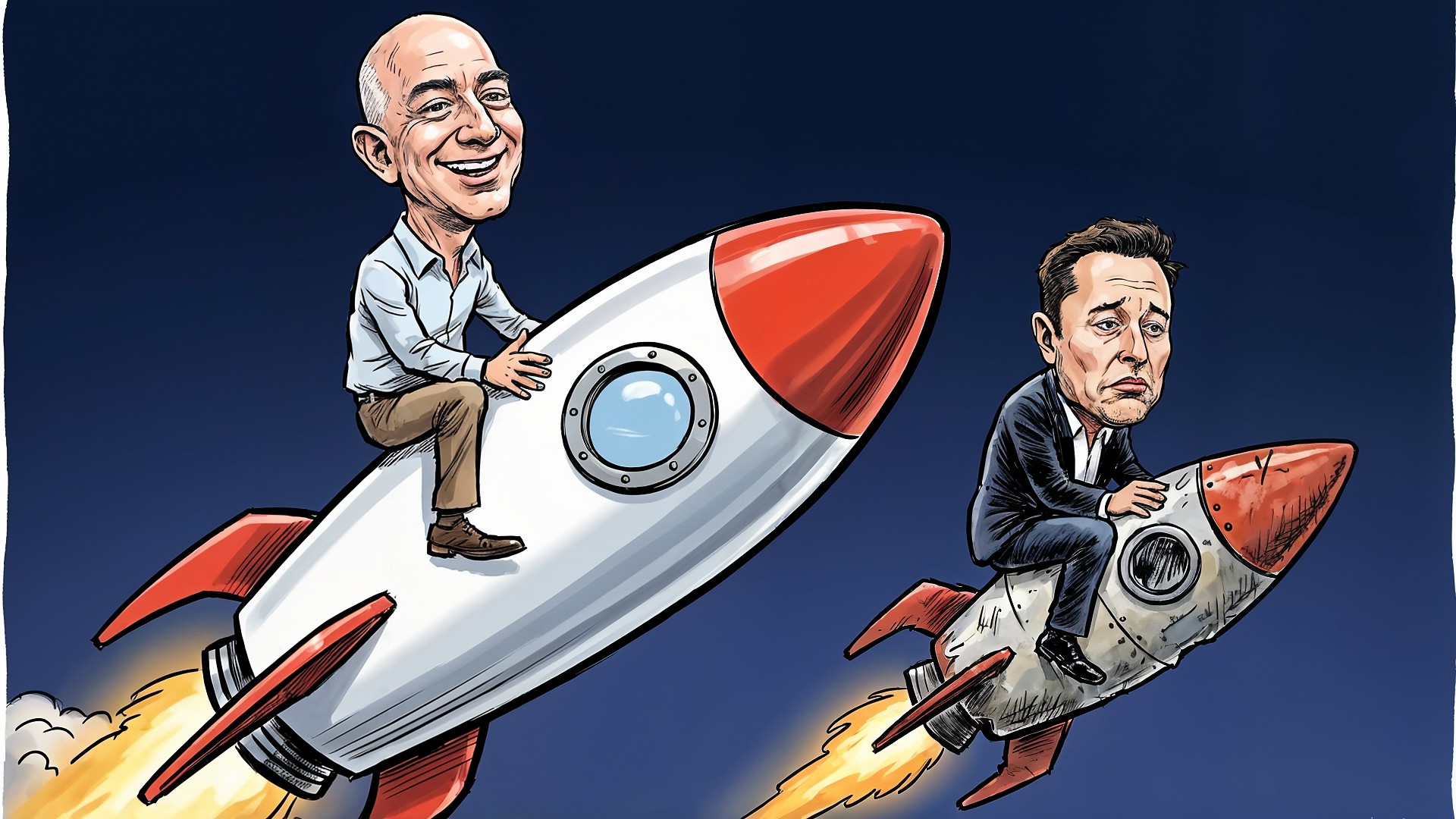 Elon Musk, Raumfahrt, Spacex, Wettbewerb, Innovation, Zukunftstechnologie, Jeff Bezos, Konkurrenz, Blue Origin, Karikatur, Raketen, Reichtum, Fortschritt, Milliardäre, Technologie-Unternehmer, Raumfahrtindustrie, Ehrgeiz, Weltraumrennen, Start-up-Gründer, New Glenn  9x4