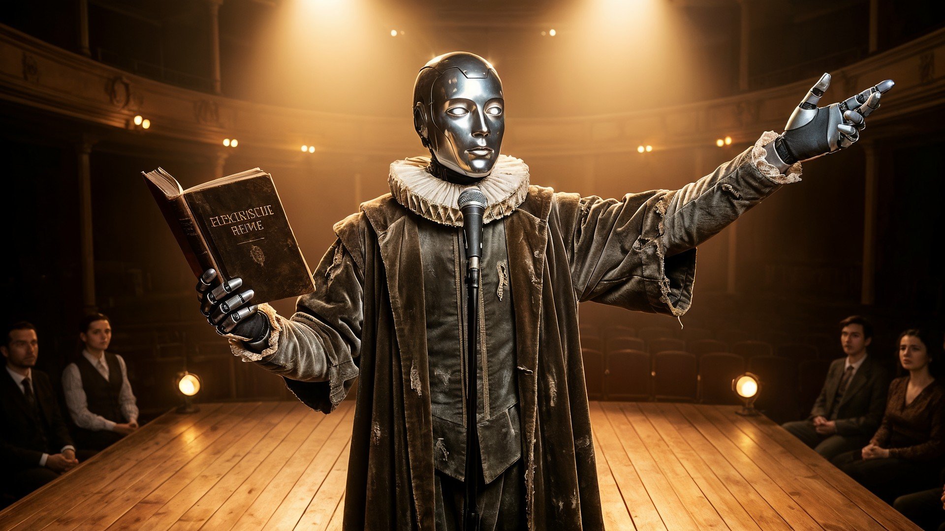 Sicherheit, Ki, Künstliche Intelligenz, AI, Artificial Intelligence, Chatbot, KI-Chatbot, Mensch-Maschine-Interaktion, Technologie-Kunst, Poesie, Roboter-Schauspieler, KI-Theater, Shakespearebühne, Elektronische Reime, Androiden-Performance, Hightech-Drama, Cyborg-Rezitation, Futuristisches Schauspiel, Literatur-Roboter, Science-Fiction-Bühne, Innovatives Theater, Digitale Darstellung, Dichtung