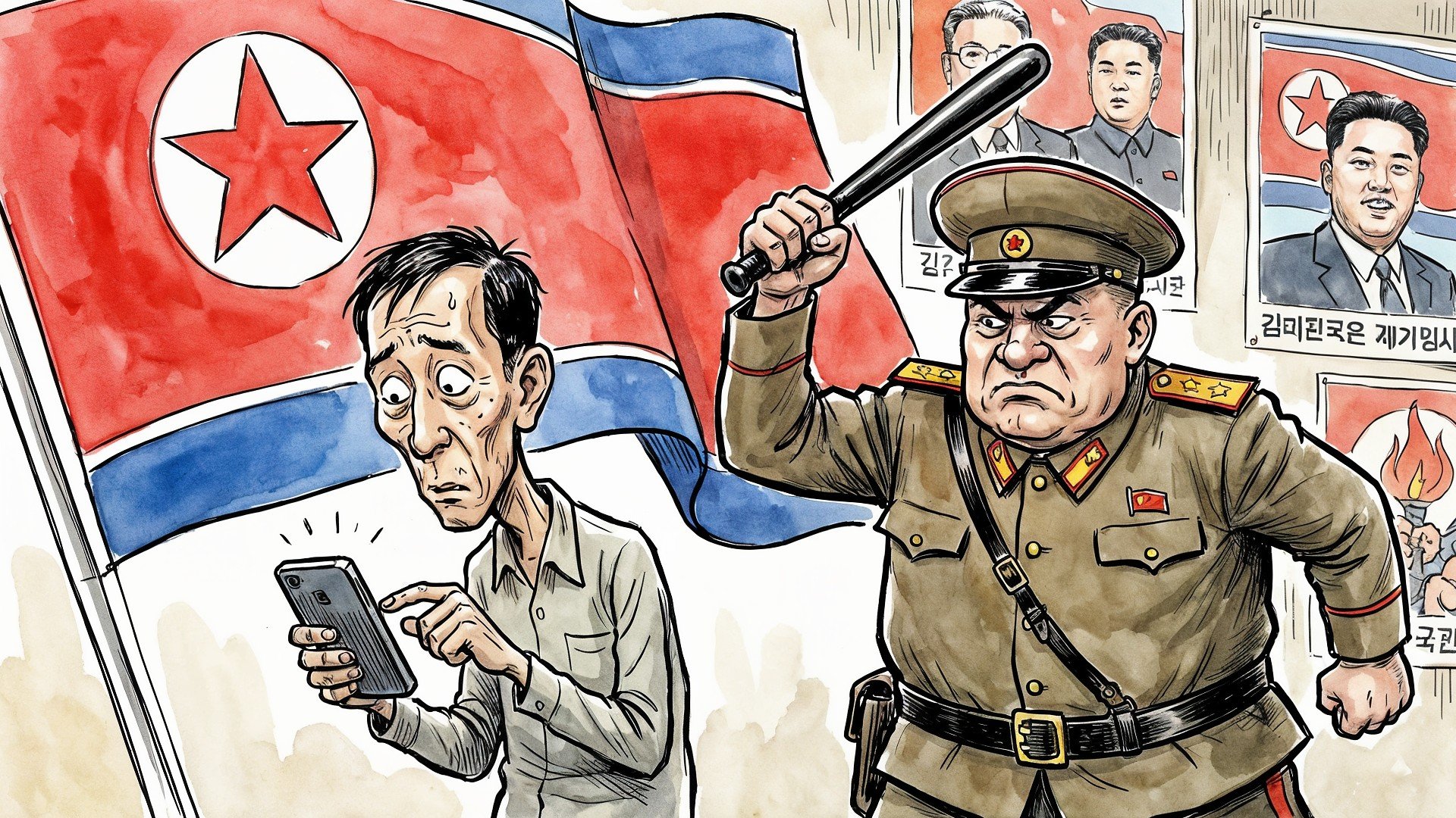 Smartphone, überwachung, Militär, Zensur, Nordkorea, Propaganda, Kontrolle, Karikatur, Diktatur, Kommunismus, Politische Satire, Unterdrückung, Polizeistaat, Kim-Dynastie, Menschenrechtsverletzungen