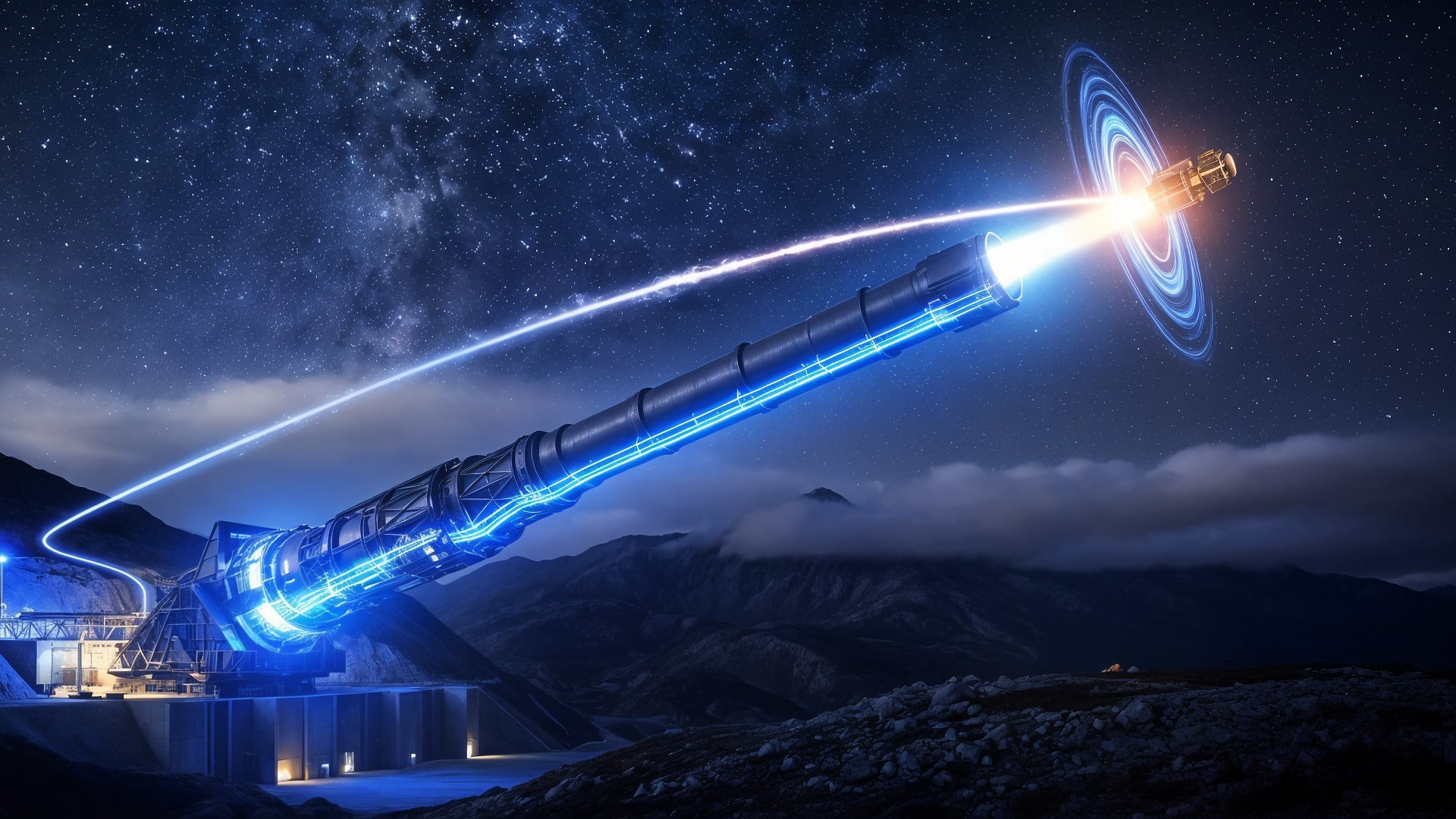 Weltraum, Launch, Satellit, Nachthimmel, Abschuss, Kanone, Kanonenrohr