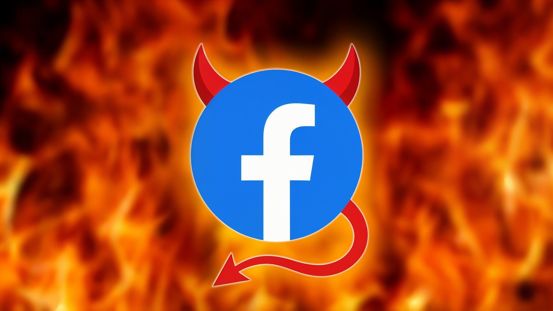 Meta, Manipulation, Skandal, Flammen, Technologiekritik, Facebook-Logo, Online-Privatsphäre, Digitale Gefahren, Facebook-Kontroverse, Soziale-Medien-Kritik, Datenschutz-Bedenken, Techethik, Teufelshörner, Teufelsschwanz, Hölle, Überwachungskapitalismus