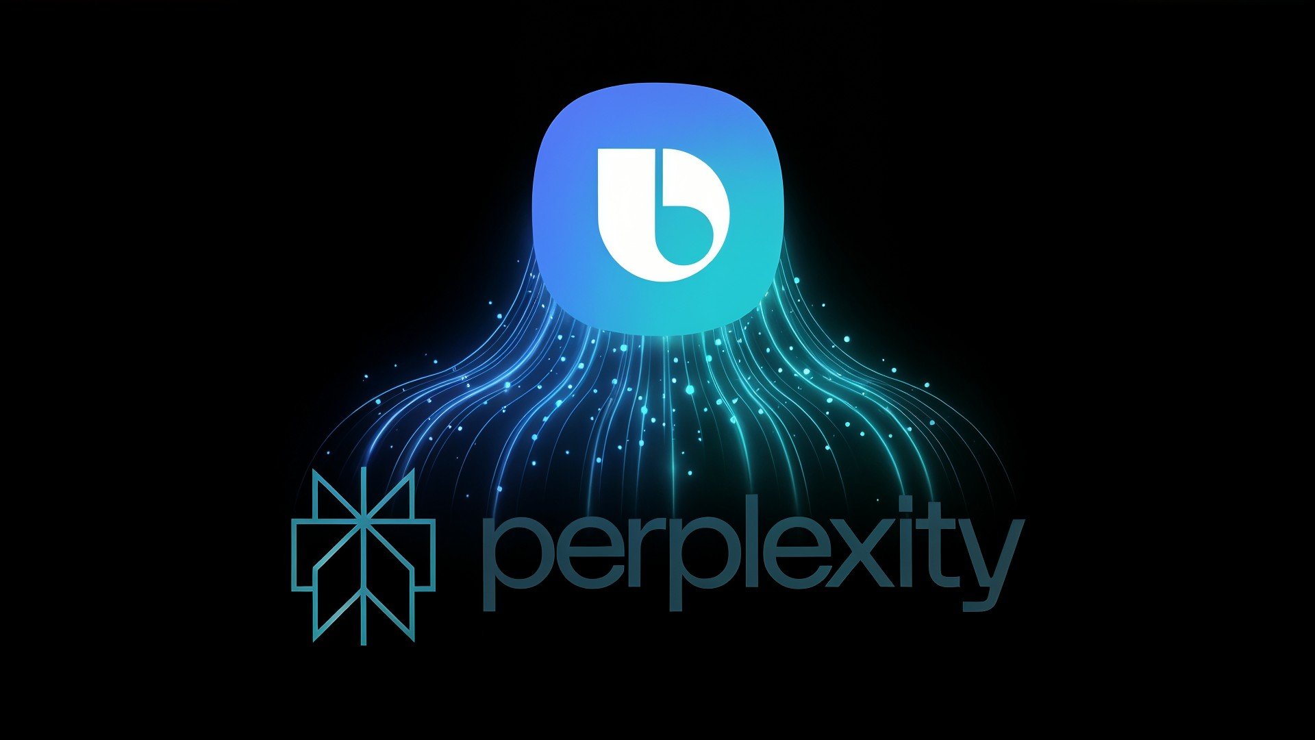 Samsung, Künstliche Intelligenz, Sprachassistent, Assistent, Kooperation, Zusammenarbeit, Bixby, Perplexity, Technologie-Innovation, Datenströme, KI-Logo, Tech-Branding, Blau-Türkis-Farbschema, Leuchtende Linien, Minimalistisches Logo