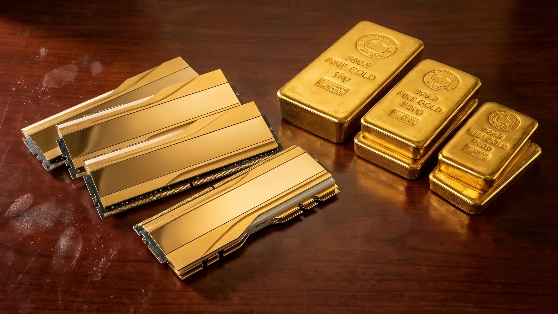 Technologie, Arbeitsspeicher, Luxus, Speichermodule, Computerhardware, Goldbarren, Goldfarben, RAM-Riegel, Edelmetall, Wertanlage, Goldprägung