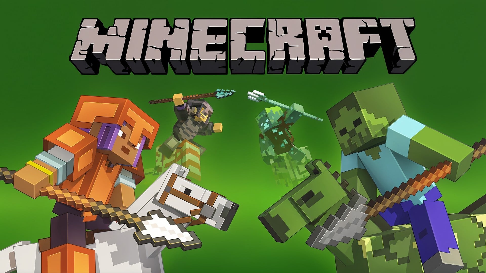 Logo, Videospiel, Minecraft, mojang, Waffen, Pixelgrafik, zombie, Schwert, Pferd, Skelett, Charaktere, Sandbox-Spiel, Bogen, Mounts of Mayhem, Mobs, Creeper