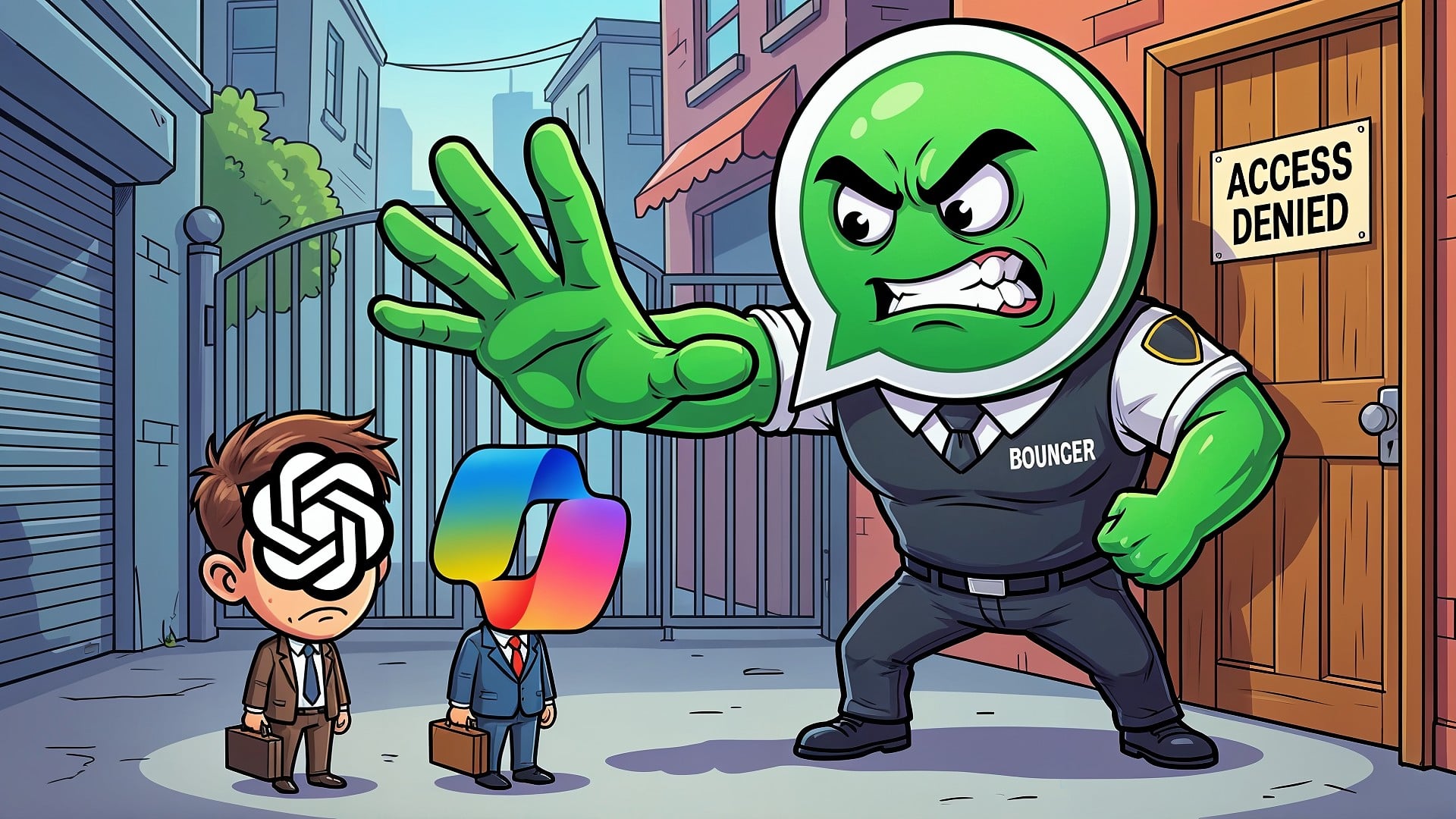 Logo, Ki, Künstliche Intelligenz, Datenschutz, whatsapp, ChatGPT, Meta, Chatbot, Copilot, KI-Chatbot, Cartoon, Tech-Unternehmen, Türsteher, Zugangsverweigerung