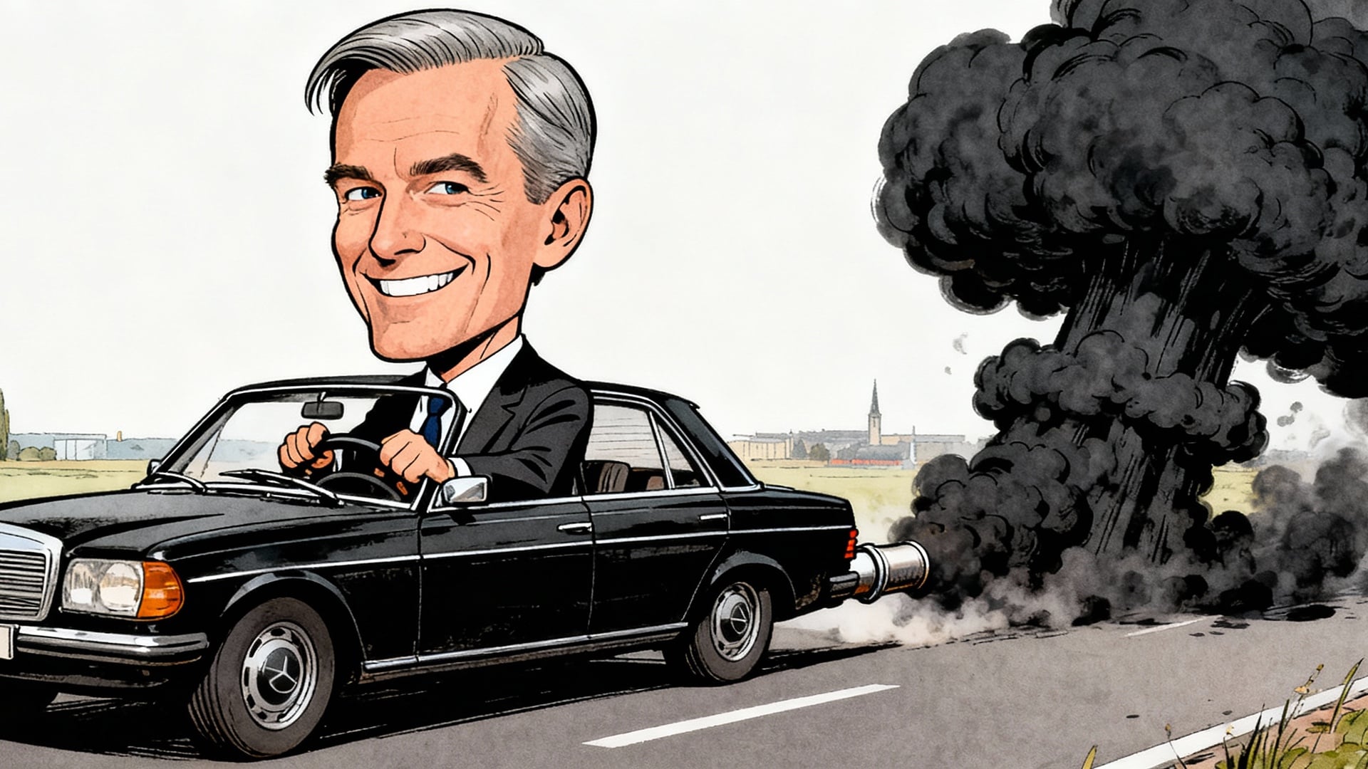Klimawandel, Mercedes-Benz, Karikatur, Satire, Umweltverschmutzung, Geschäftsmann, Luftverschmutzung, Oldtimer, Diesel-Skandal, Atomexplosion, Schwarzer Rauch, Umweltpolitik, Autoabgase, Autolobby, Grinsender Mann