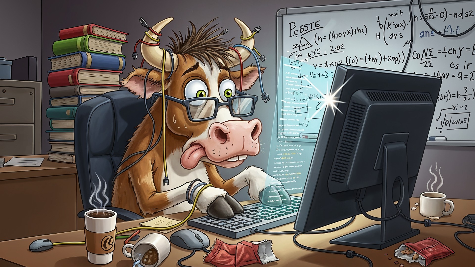 Ki, Künstliche Intelligenz, Programmierer, Programmieren, Multitasking, Cartoon, Karikatur, Kuh, Überforderung, Nachtschicht, Programmierkuh, Computernerd, Büro-Chaos, Deadline-Stress, Workaholic, Nerdy