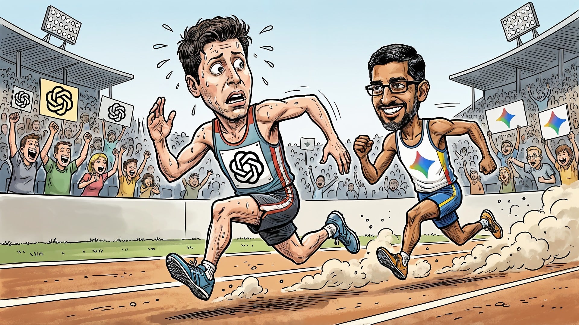 Google, Logo, Ki, Künstliche Intelligenz, AI, Artificial Intelligence, OpenAI, ChatGPT, Chatbot, Gemini, Sam Altman, Cartoon, Sundar Pichai, Stadion, Sprachmodelle, Wettkampf, Tech-Unternehmen, Publikum, Leichtathletik, KI-Wettbewerb, Technologiewettlauf, Laufbahn, Nervosität, Überholung