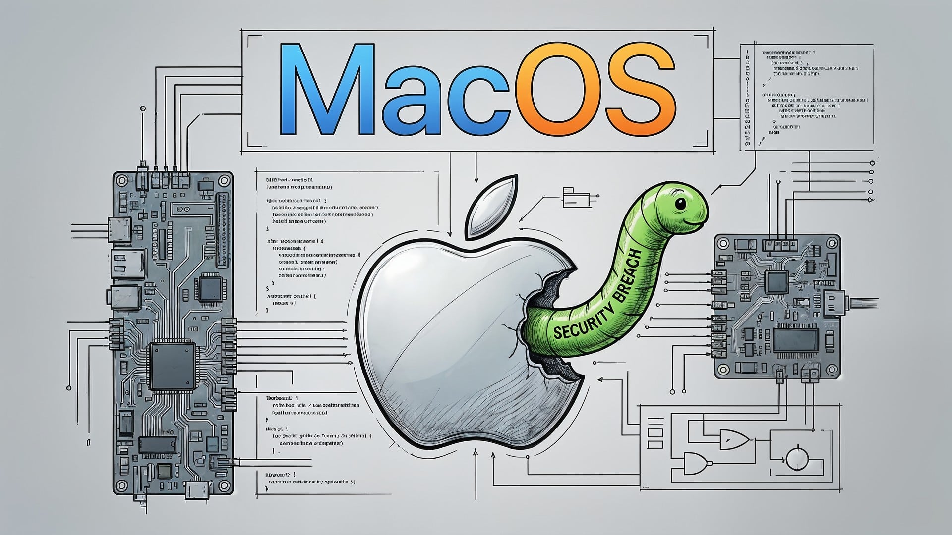 Betriebssystem, Apple, Sicherheit, Sicherheitslücke, Datenschutz, Hacker, Security, Malware, Angriff, Hack, Technologie, Cybersecurity, Hacking, Macos, Wurm, Platine, Softwareentwicklung, schaltkreise, Computercode, Technische Zeichnung, Computertechnik, Digitale Schaltungen