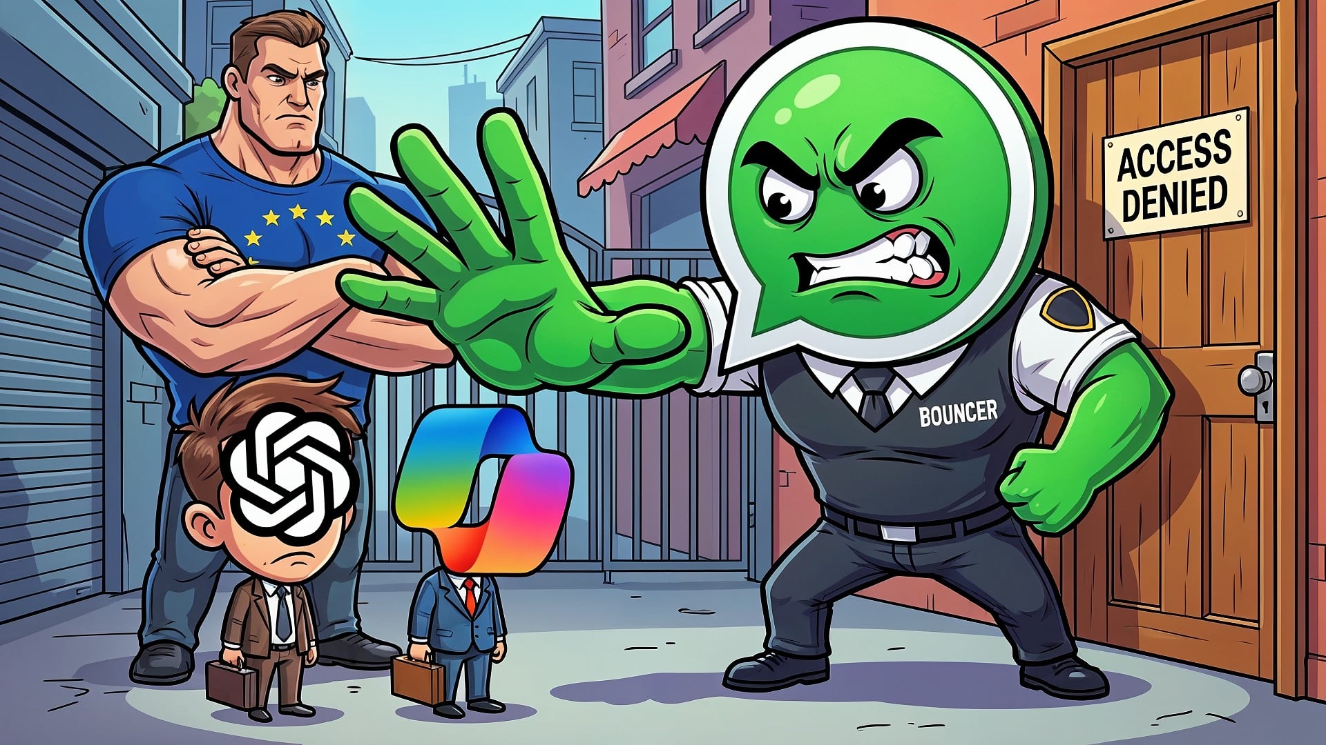 Logo, Ki, Künstliche Intelligenz, Datenschutz, AI, Eu, Artificial Intelligence, Social Media, whatsapp, OpenAI, ChatGPT, Meta, Chatbot, KI-Chatbot, Datentransfer, Illustration, Cartoon, Tech-Unternehmen, Digitale Sicherheit, EU-Regulierung, Türsteher, Messaging-Apps, Datenschutzrichtlinien, Zugangsverweigerung