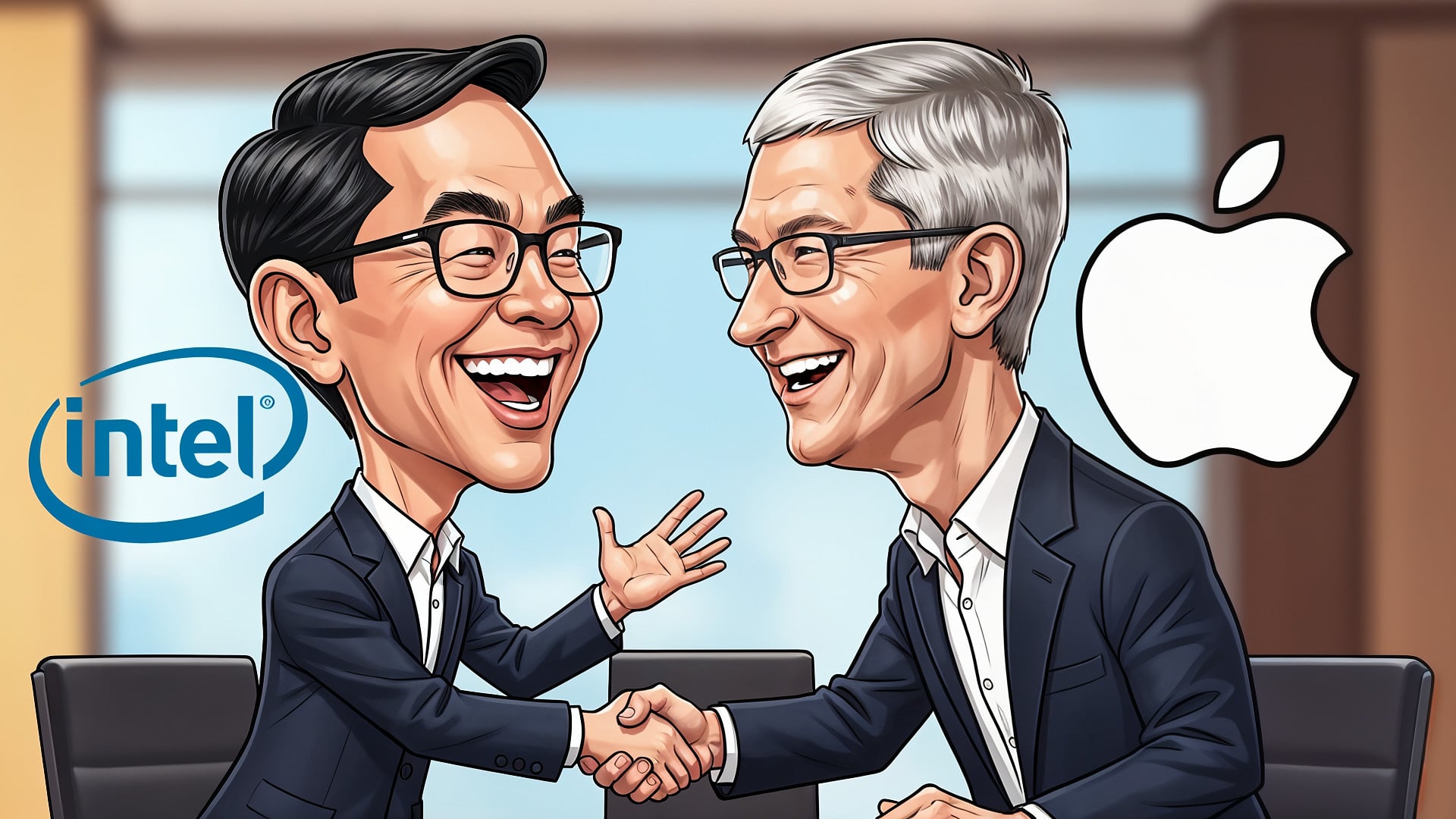 Apple, Intel, Tim Cook, Kooperation, Partnerschaft, Zusammenarbeit, Karikatur, Lip-Bu Tan, Handschlag