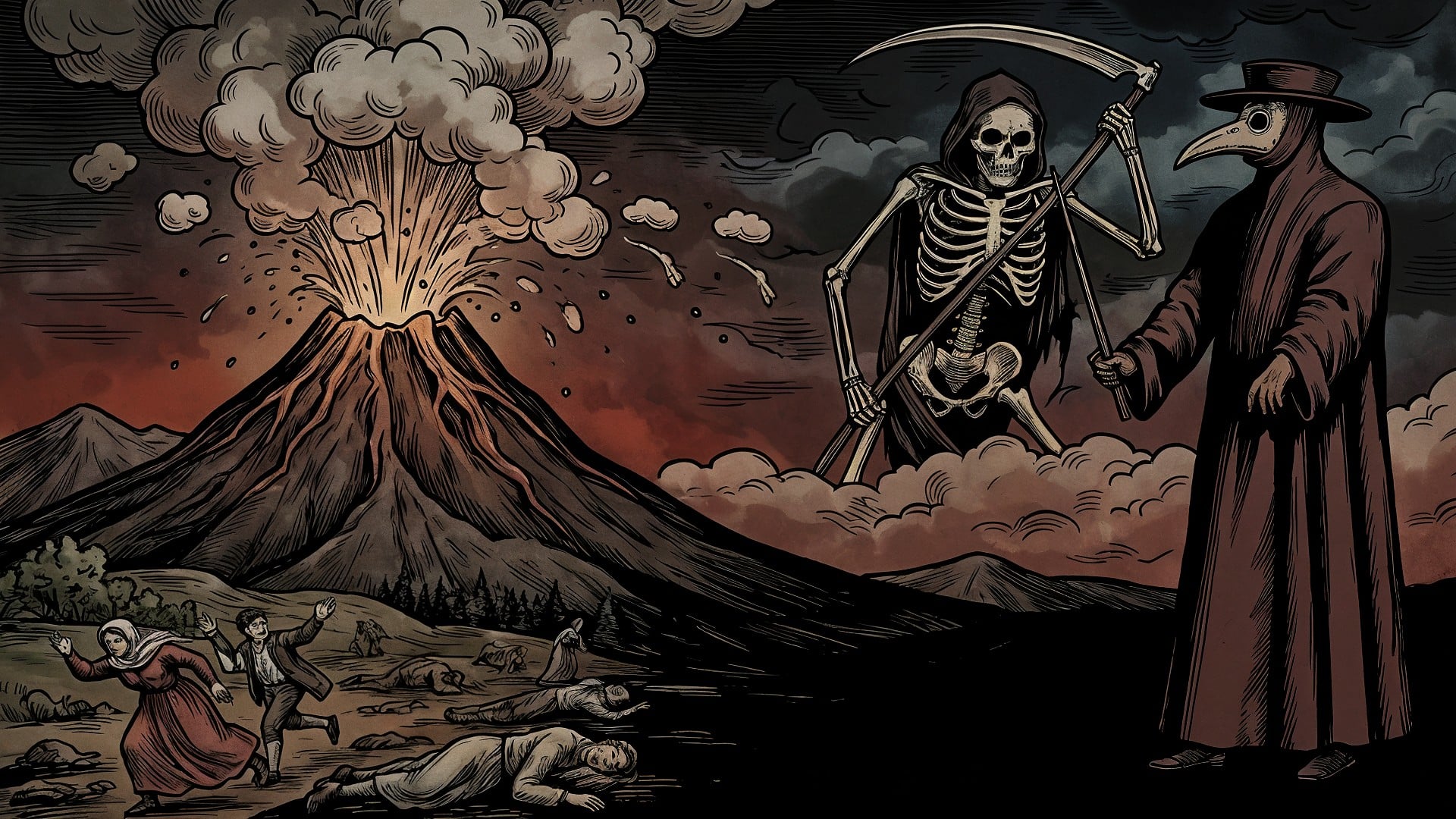 Illustration, Tod, Flucht, Symbolik, Vulkanausbruch, Panik, Skelett, naturkatastrophe, Mythologie, Düster, Apokalypse, Mittelalter, Pest, Sensenmann, Pestdoktor