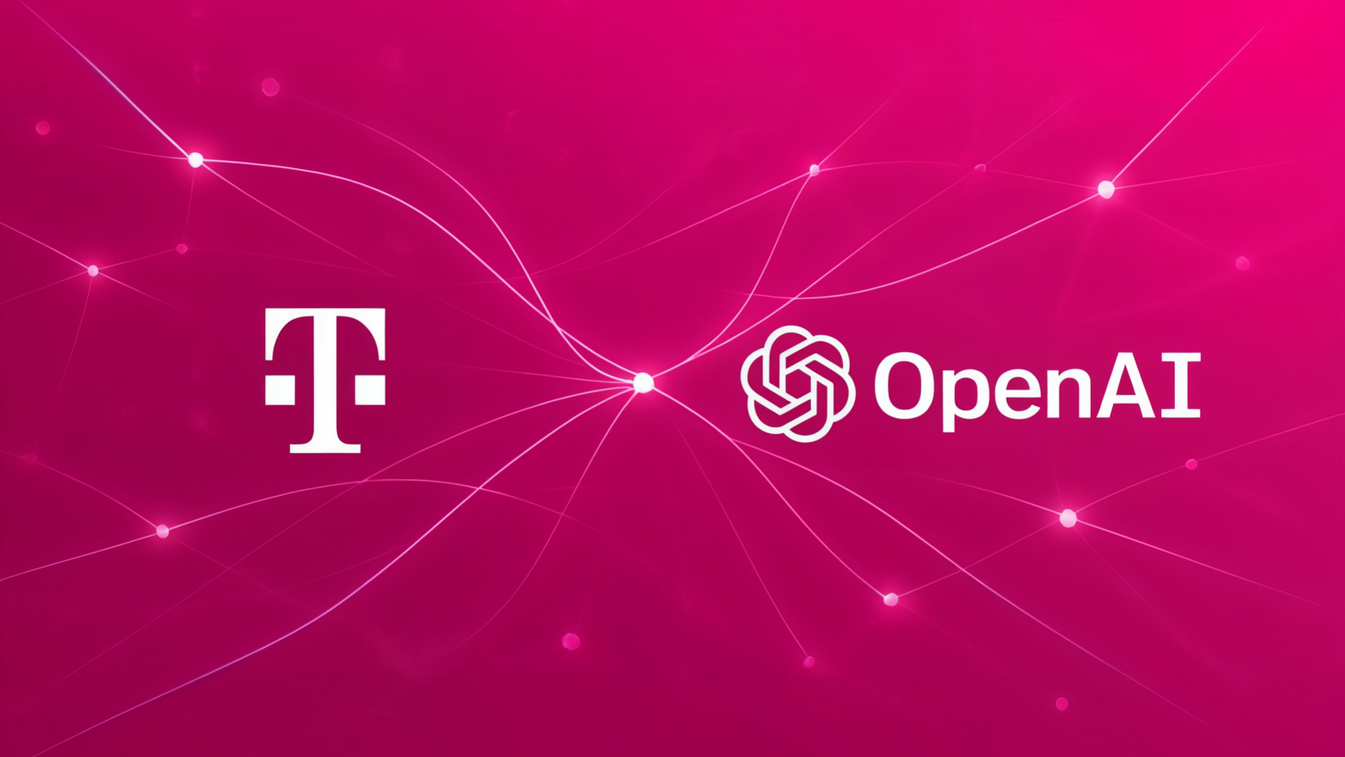 Künstliche Intelligenz, Telekom, OpenAI, Partnerschaft, Digitale Transformation, Tech-Branche, Zukunftstechnologien, Netzwerk-Visualisierung, KI-Kooperation, Technologie-Allianz, Magenta-Hintergrund, Verbindungslinien, Knotenpunkte, Unternehmenslogos, Innovationspartnerschaft