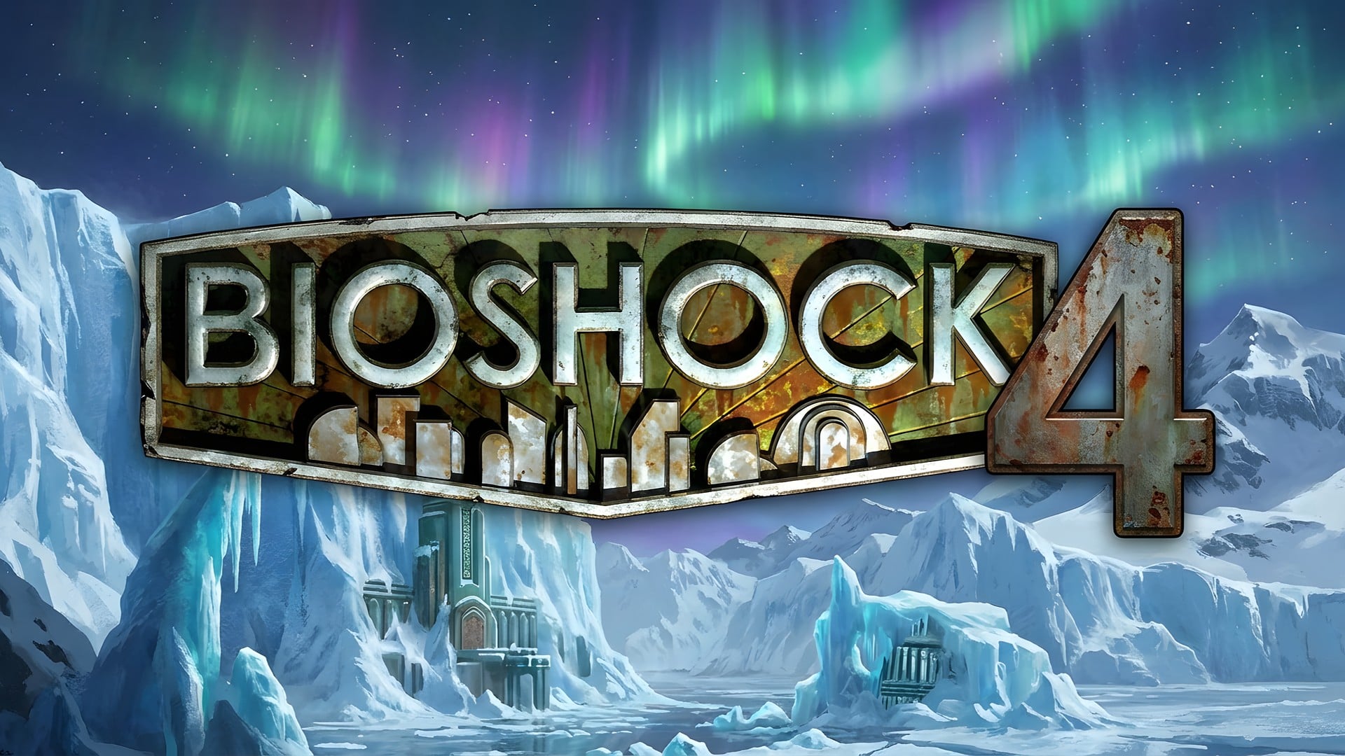 Videospiel, Sternenhimmel, Science-Fiction, Bioshock, Antarktis, Dystopie, Arktis, Nordlichter, Atmosphärisch, Eislandschaft, Polarlicht, Bioshock 4, Gletscher, Spielelogo, Roststahl, Verschneite Berge