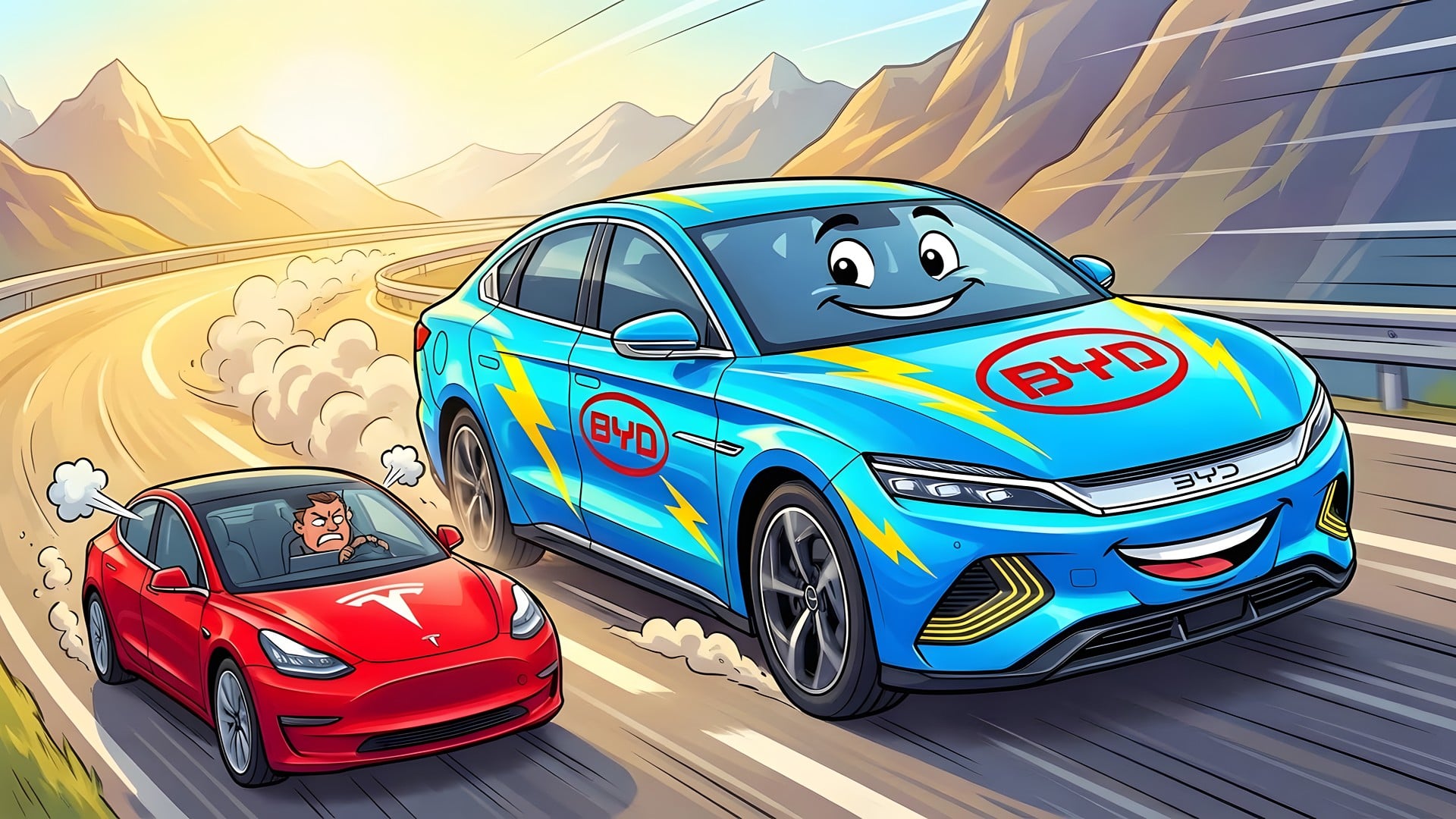 Auto, Elektroautos, Elektromobilität, tesla, Elektroauto, E-Auto, Tesla Motors, Wettbewerb, EV, Marktanteile, E-Autos, BYD, Cartoon, Autorennen, Autohersteller, Elektrische Mobilität
