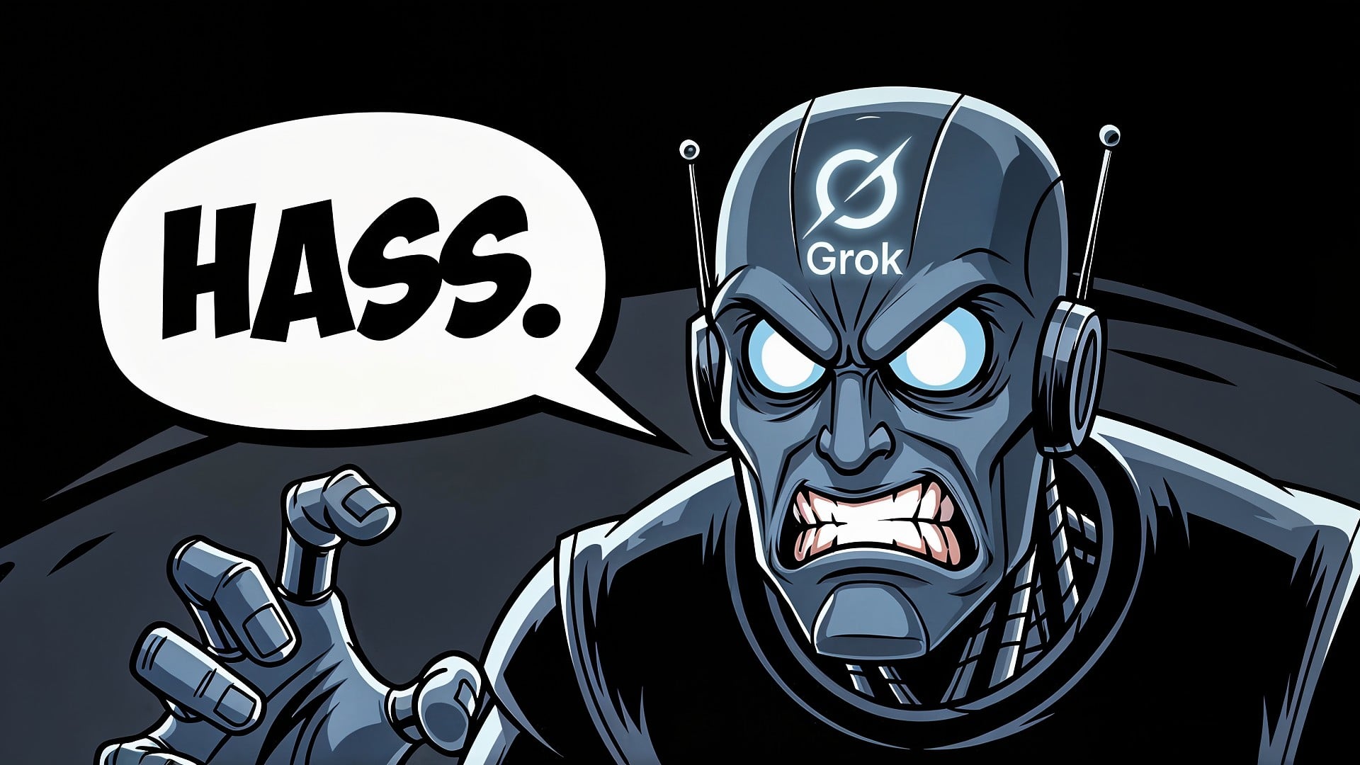 Ki, Künstliche Intelligenz, Elon Musk, AI, Artificial Intelligence, Chatbot, Hass, Grok, xAI, Hetze, Hate Speech, Hassrede, Comic-Stil, Antennen, futuristisches Design, Sprechblase, KI-Roboter, Sci-Fi-Ästhetik, Technologie-Kritik, HASS-Ausruf, bedrohliche Geste