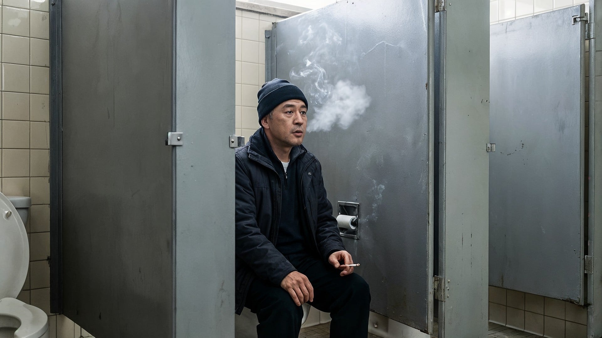 Rauch, Mann, Rauchen, Jacke, Raucher, Mütze, Zigarette, öffentliche toilette, toilettenkabine, toilettengang, urban