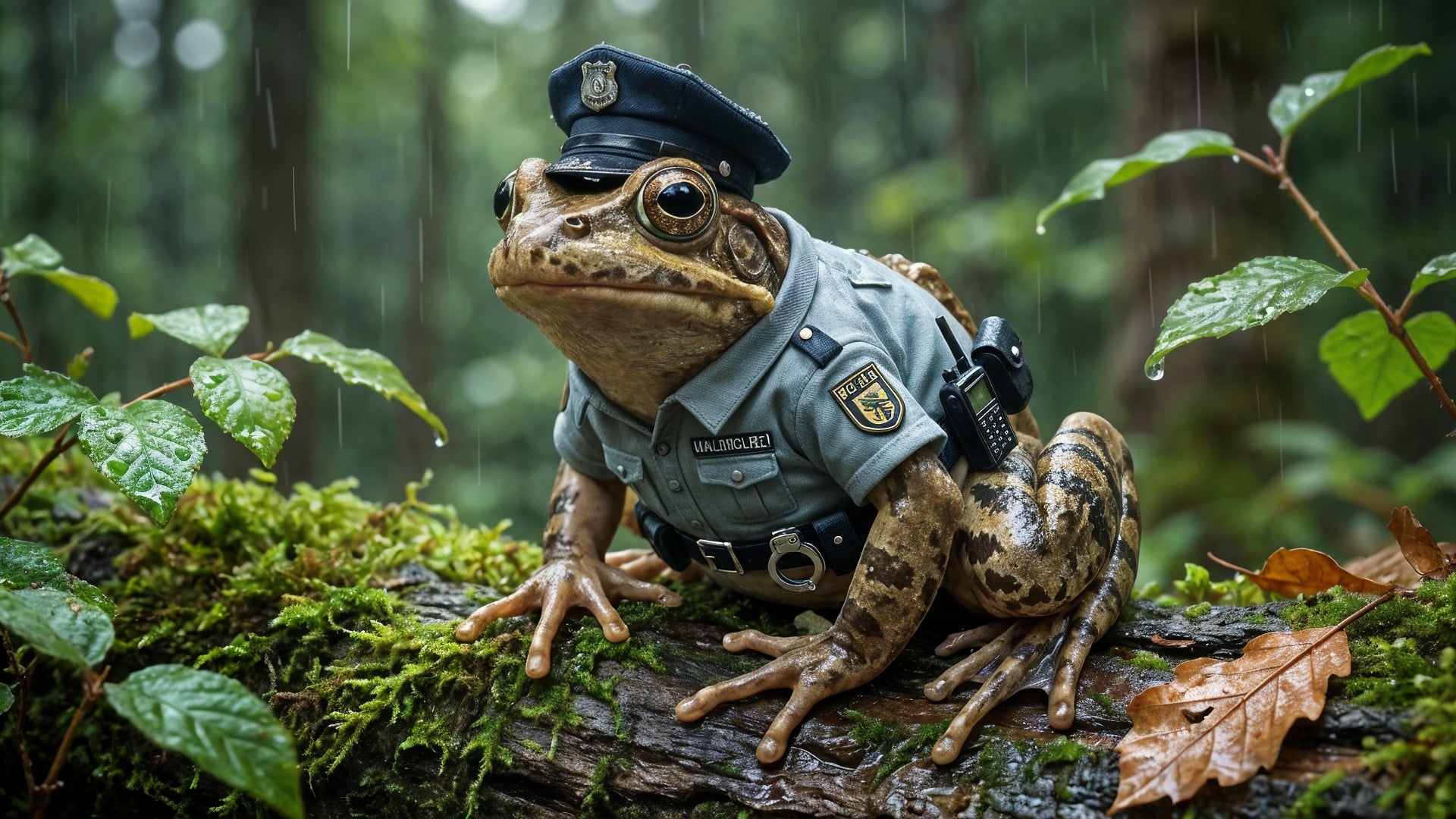 Ki, Polizei, Ki-generiertes Bild, Frosch, Frosch-Polizist, Waldpolizei, Amphibien, Frosch in Uniform