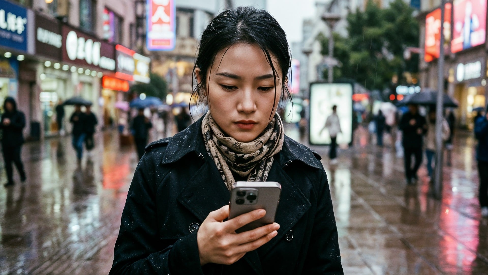 Smartphone, Technologie, Depression, Regen, Geschäfte, Straßenszene, Passanten, Regenwetter, städtisches Leben, asiatische Frau, Wintermode, belebte Straße, Leuchtreklamen, Regenschirme, nasse Straße, urbane Atmosphäre