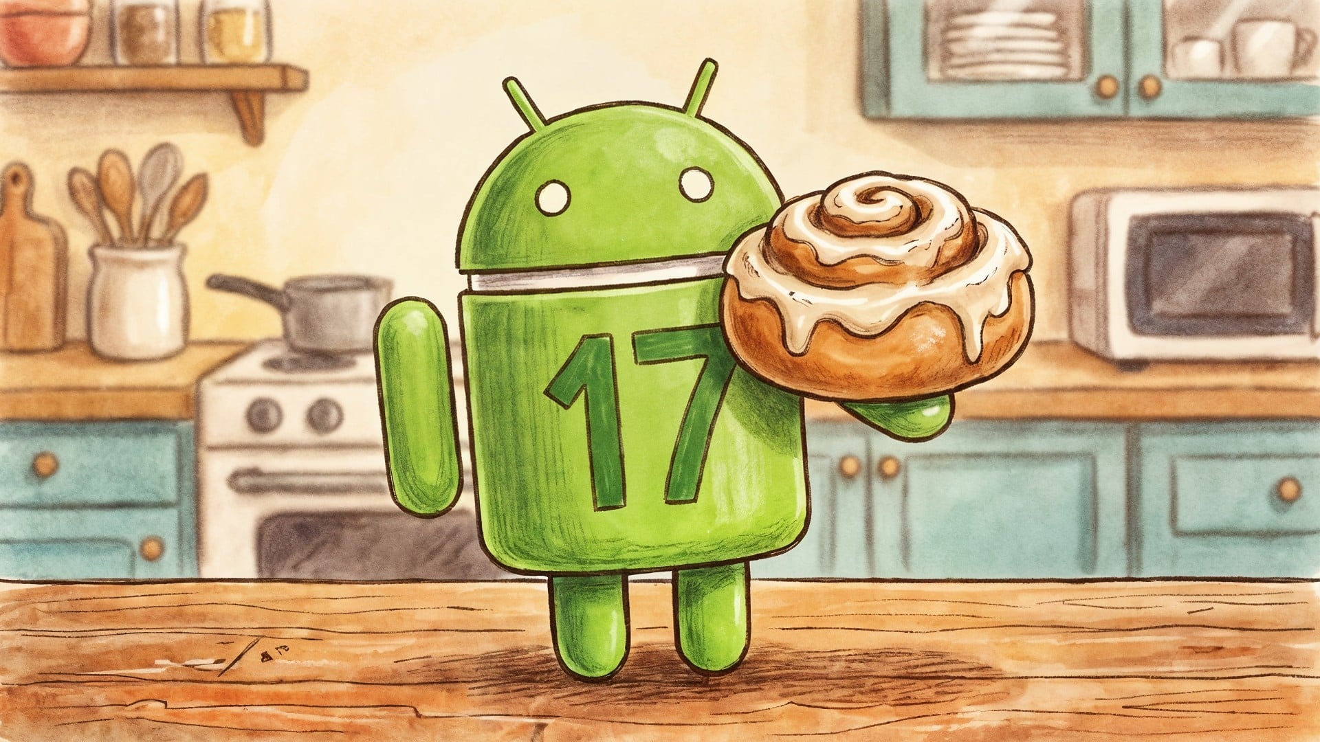 Betriebssystem, Google, Android, Google Android, Bugdroid, Android Figur, Android Logo, Android Männchen, Android-Maskottchen, Android 17, Technologie-Marketing, Cinnamon Bun, Android-Cafe, Zimtschnecke, Tech-Cafe, Android-Version, Cafe-Ambiente, Bäckerei, Süßgebäck, Technologie-Branding, Zimtrolle