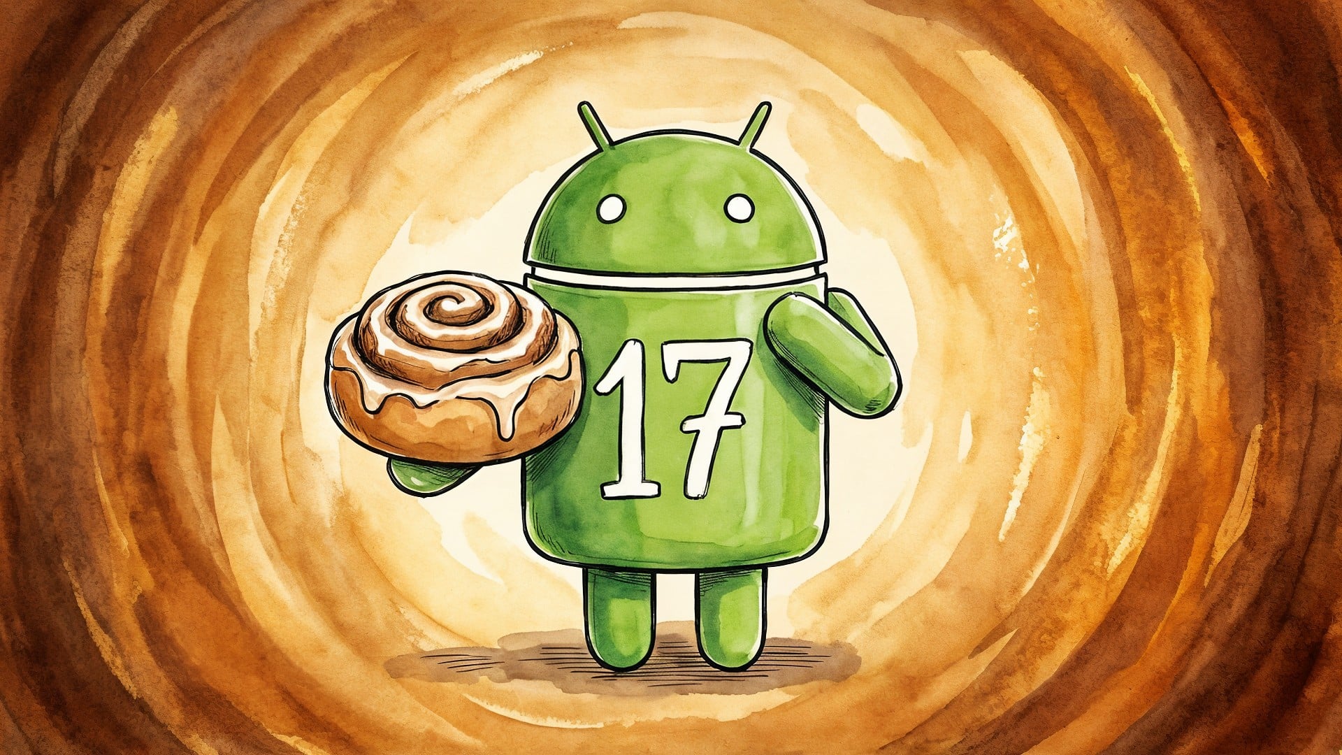 Betriebssystem, Google, Android, Google Android, Bugdroid, Android Figur, Android Männchen, Android Logo, Android 17, Android-Maskottchen, Cinnamon Bun, Technologie-Marketing, Android-Cafe, Zimtschnecke, Tech-Cafe, Android-Version, Cafe-Ambiente, Bäckerei, Süßgebäck, Technologie-Branding, Zimtrolle