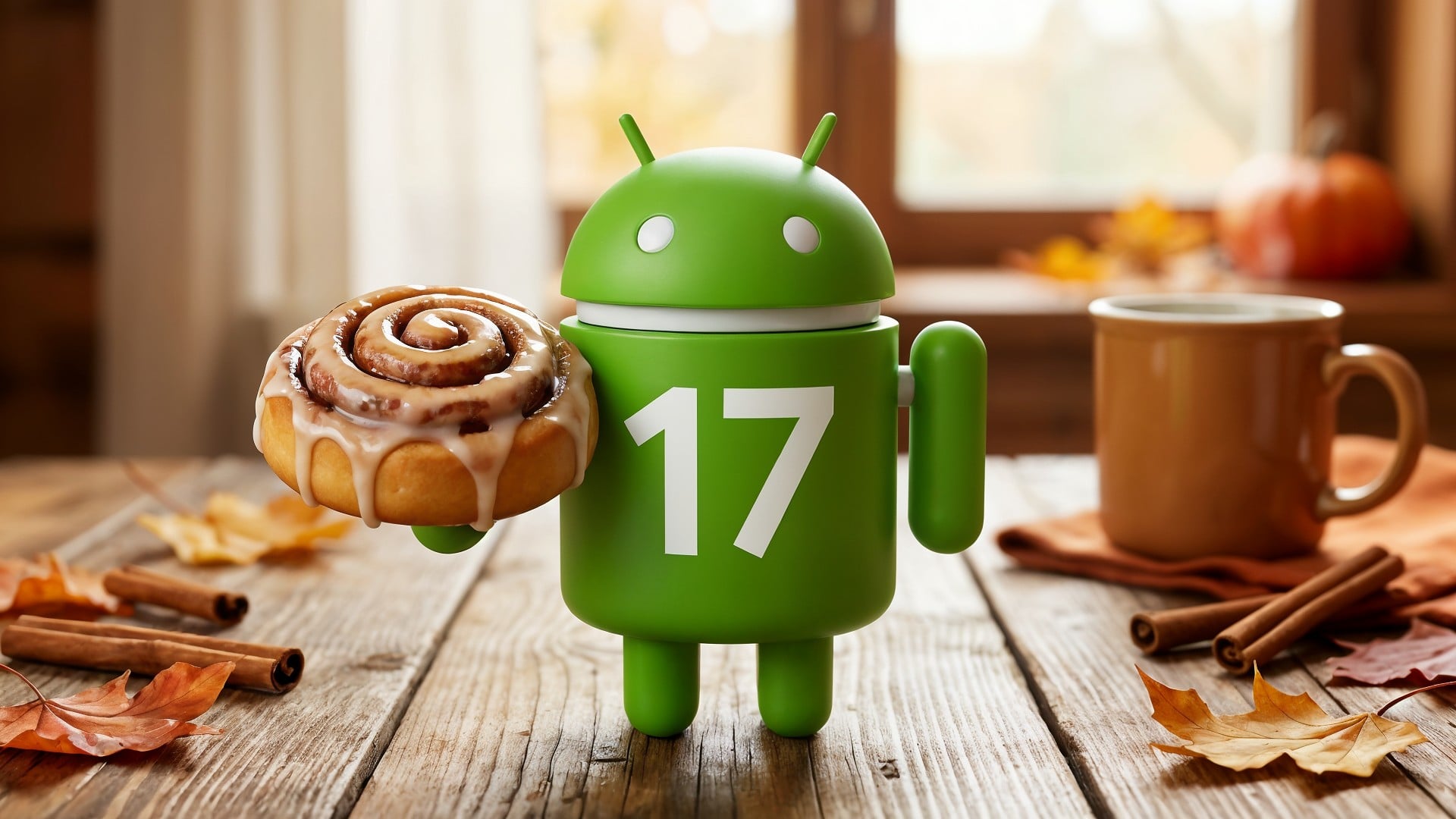 Betriebssystem, Google, Android, Google Android, Bugdroid, Android Figur, Android Logo, Android Männchen, Android-Maskottchen, Android 17, Technologie-Marketing, Cinnamon Bun, Android-Cafe, Zimtschnecke, Tech-Cafe, Android-Version, Cafe-Ambiente, Bäckerei, Süßgebäck, Technologie-Branding, Zimtrolle