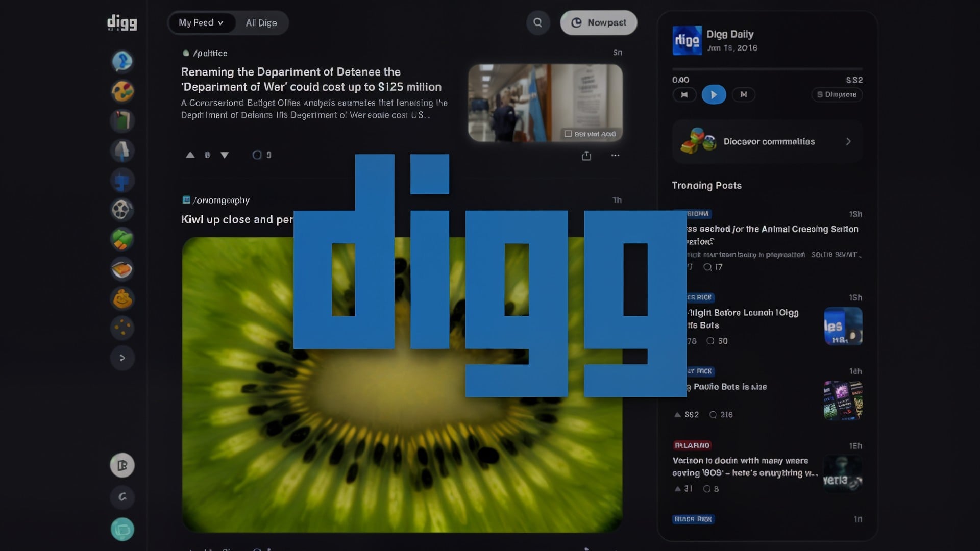 Benutzeroberfläche, Tech-News, Dunkelmodus, Online-Community, digg, Social-Media-Plattform, Content-Aggregator, Website-Interface, Nachrichtenportal, Kiwi-Nahaufnahme, Trending-Posts, Feed-Ansicht, Digitale-Medien, Informationsaggregation, Soziales-Netzwerk