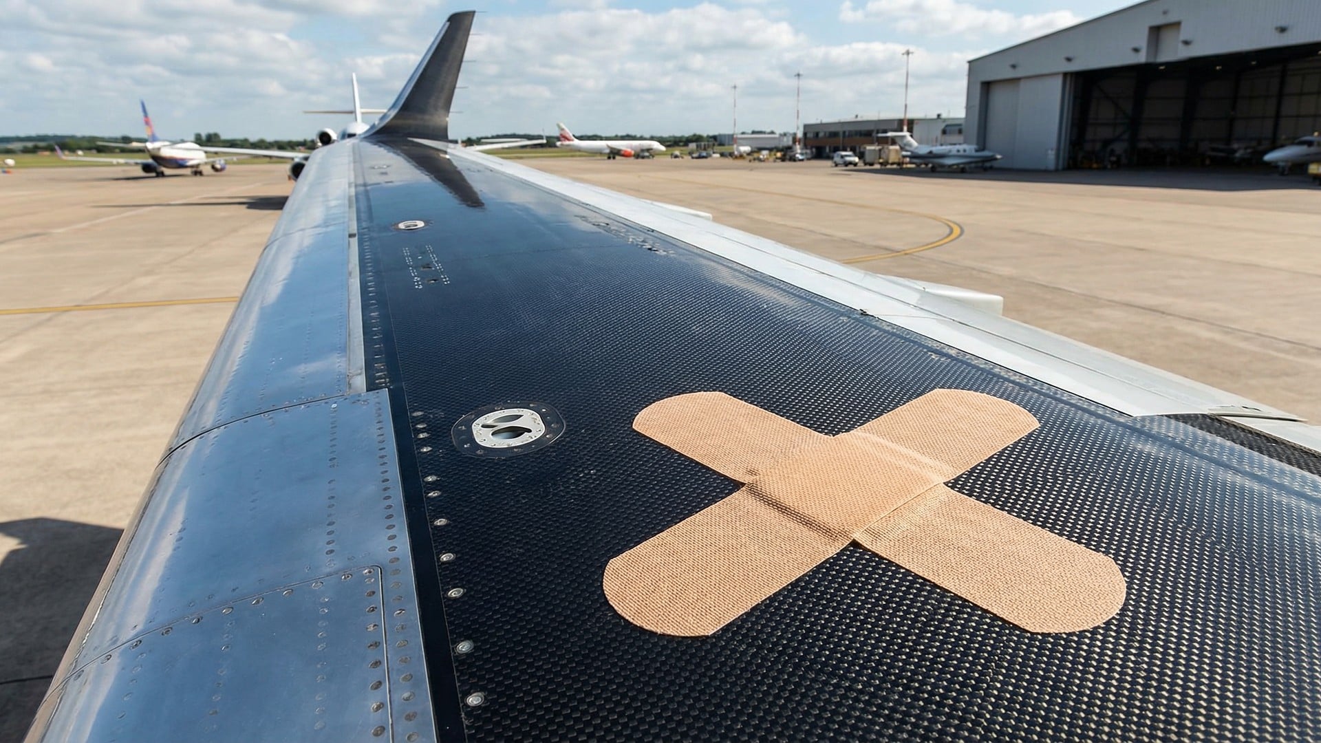 Sicherheit, Technologie, Reparatur, Luftfahrt, Flughafen, Wartung, Ingenieurwesen, Pflaster, Kohlefaser, Rollfeld, Flugzeugtechnik, Flugzeugflügel, Flugzeugwartung, Hangar, Kompositmaterial