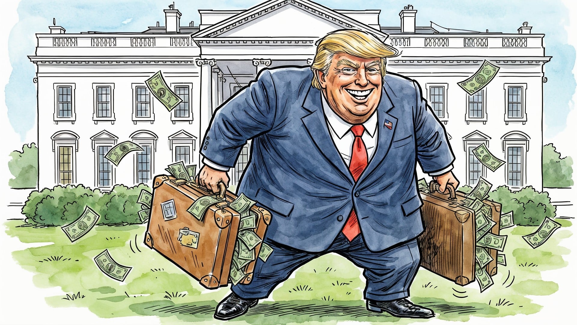 Donald Trump, trump, Geld, US-Präsident, Präsident, Regierung, Weißes Haus, Kritik, Satire, Korruption, Reichtum, Geschäftsmann, Koffer, Dollarnoten, Washington DC, Macht, politische Karikatur