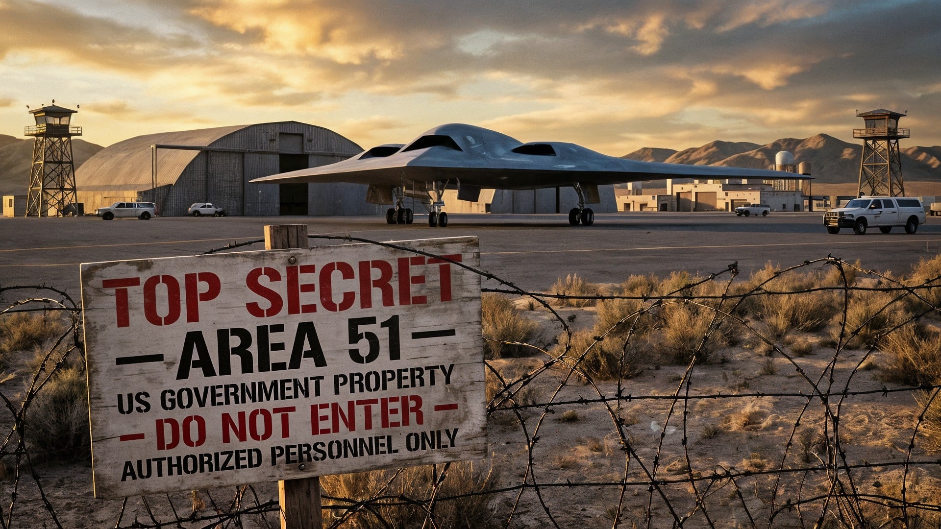 Luftfahrt, US-Regierung, Militärtechnologie, Ufo, Sonnenuntergang, Wüste, Militärflugzeug, Geheimhaltung, Area 51, Verschwörungstheorie, Warnschild, Hangar, Tarnkappenbomber, Geheimbasis, Stacheldrahtzaun, Wachtürme, Sperrgebiet, Militärforschung