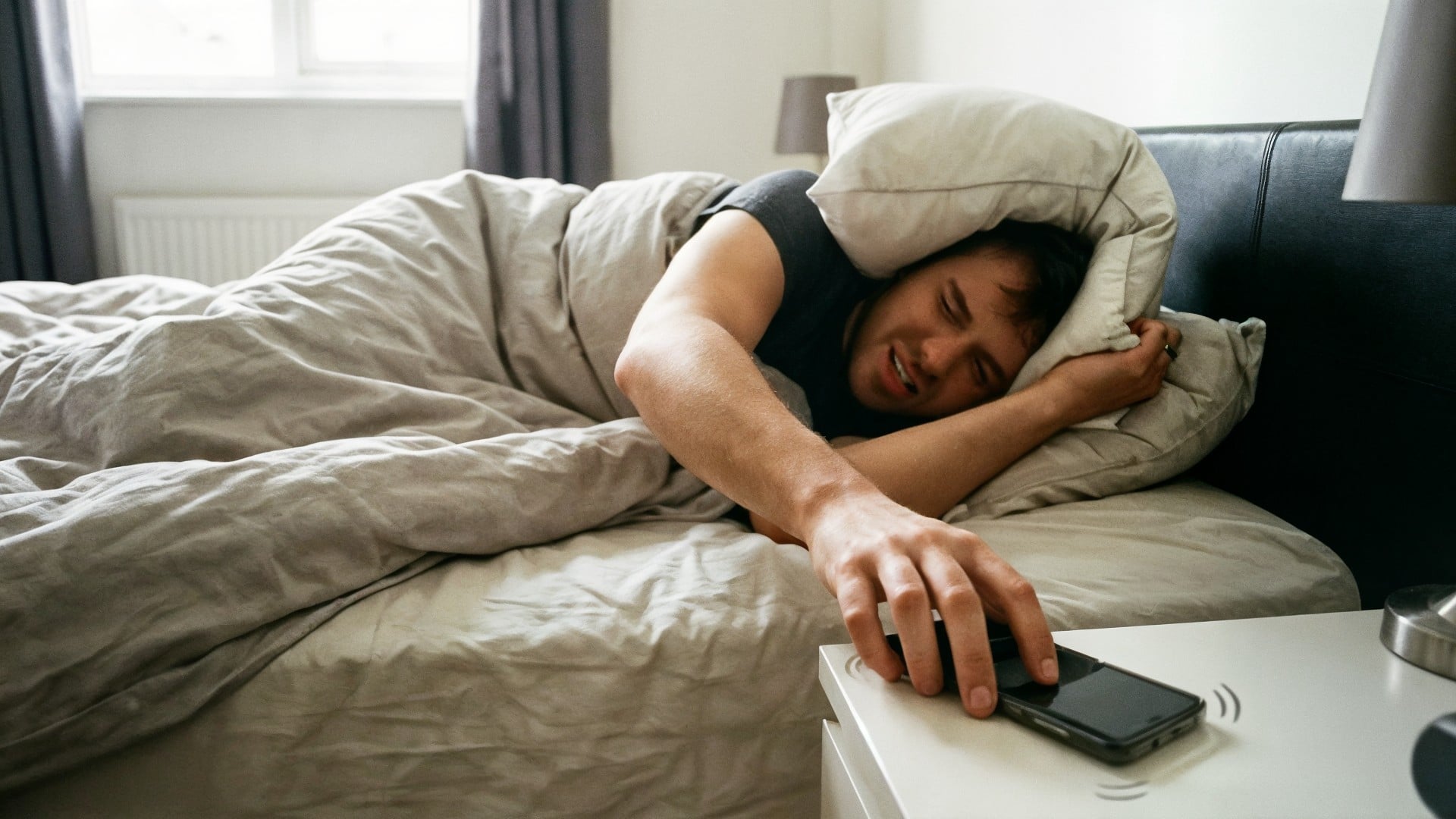 Smartphone, Wecker, Stress, Bett, Müdigkeit, Aufwachen, Schlafzimmer, Schlafsack, Decke, Schlaflosigkeit, Morgenmuffel, Kopfkissen