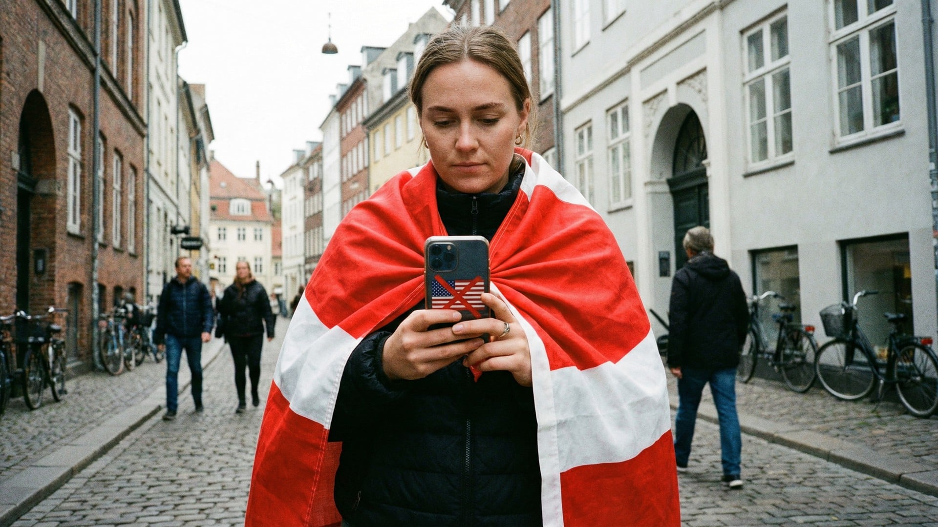 Smartphone, Iphone, Dänemark, Boykott, Stadtbild, Grönland, Handyhülle, Dänemark-Flagge, Kopfsteinpflaster, USA-Flagge, Antiamerikanismus