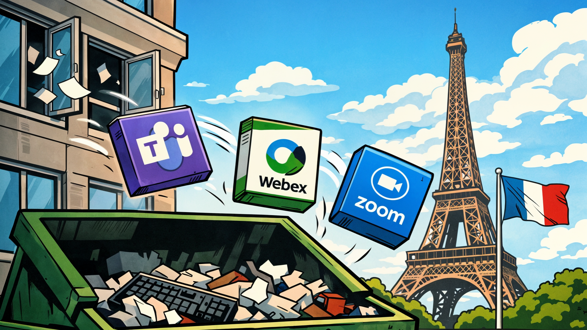 Microsoft Teams, Frankreich, zoom, digitale Souveränität, Eiffelturm, Webex, Müllcontainer
