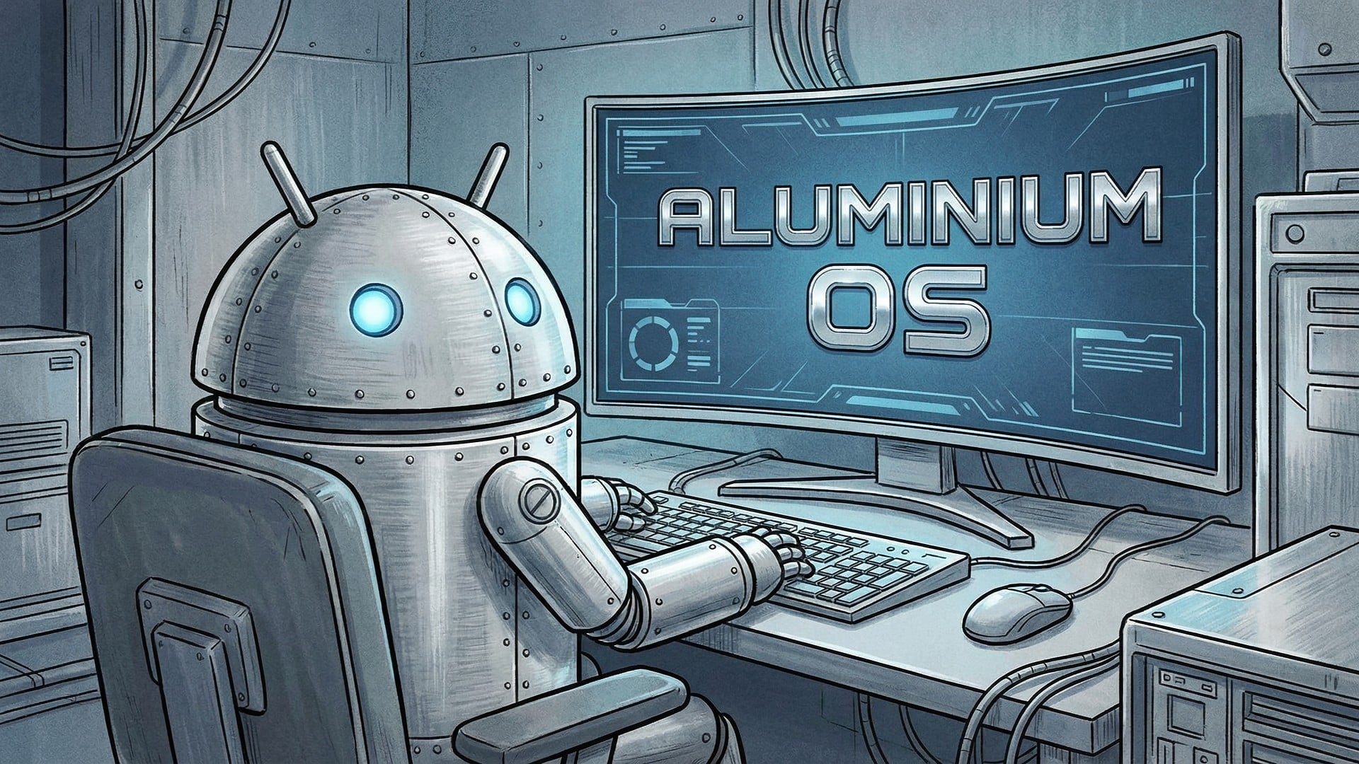 Betriebssystem, Google, Android, Desktop, Roboter, Computer, Google Android, Tastatur, Monitor, Bugdroid, Android Figur, Android Männchen, Android Logo, Illustration, Aluminium OS