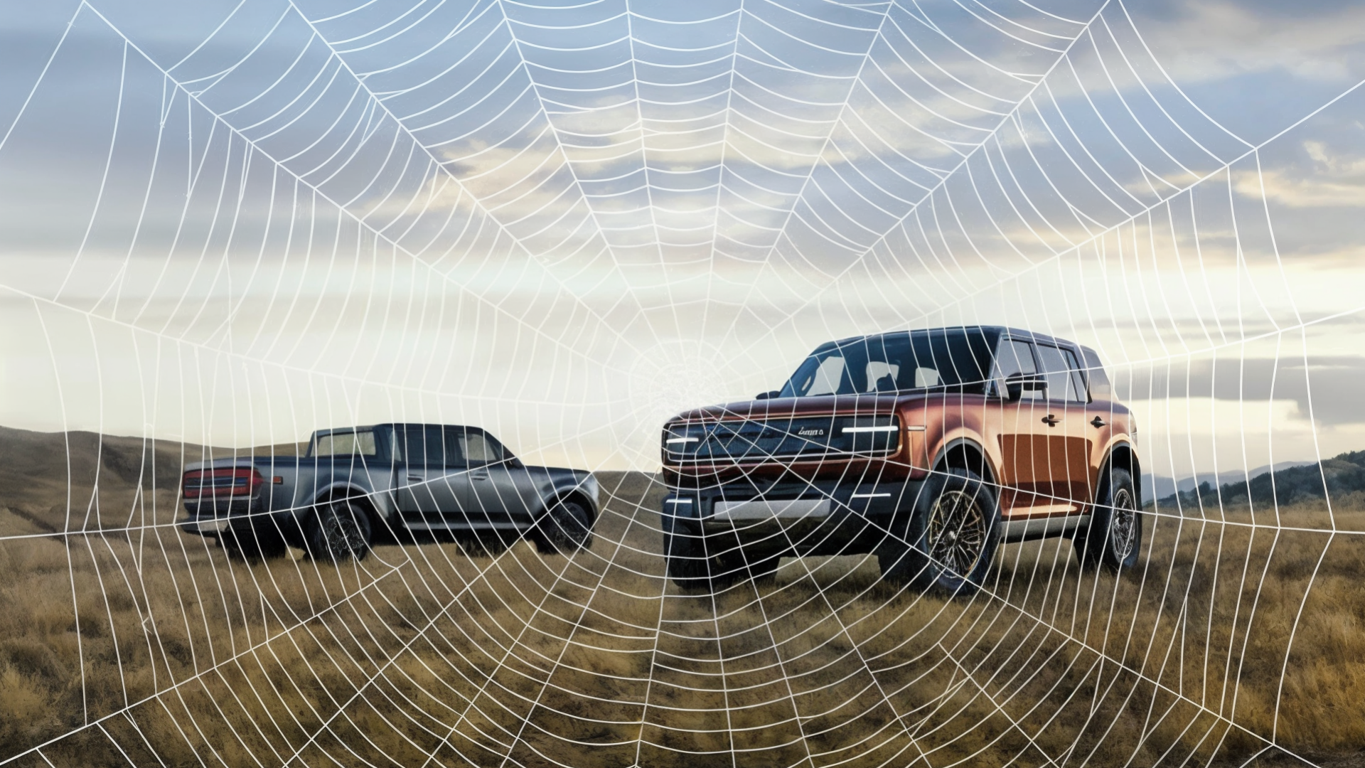 Netzwerk, Fahrzeug, volkswagen, Vw, Vernetzung, Automobilindustrie, SUV, Pickup, Offroad, Scout, Geländewagen, Bildmontage, gelände, Spinnennetz, Composing