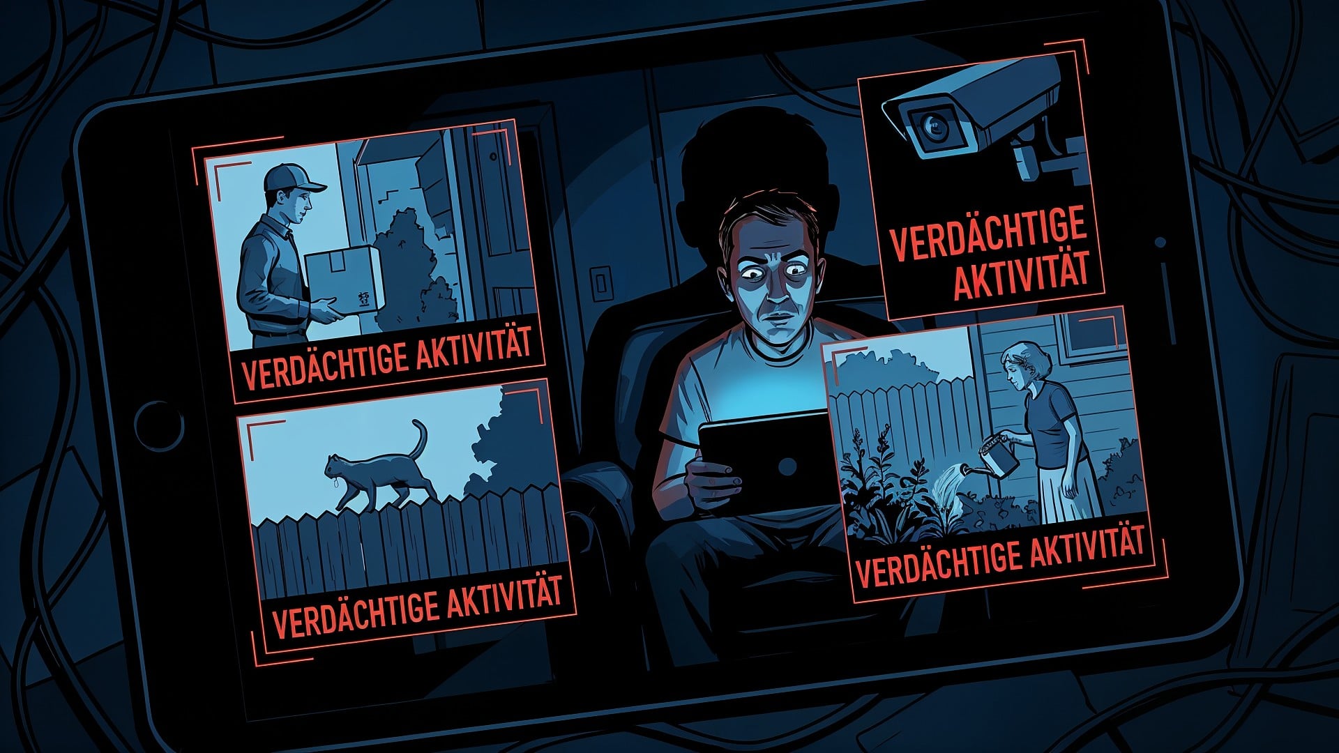 Sicherheit, Tablet, Amazon, Künstliche Intelligenz, Datenschutz, Kamera, Privatsphäre, überwachung, Smart Home, Gesichtserkennung, Überwachungskamera, Illustration, Bewegungserkennung, Videoüberwachung, überwachen, Objekterkennung, Menschenerkennung, Fehlalarm, Sicherheitstechnik, Big Brother, Sicherheitssystem, Amazon Ring, Hausautomation, Search Party