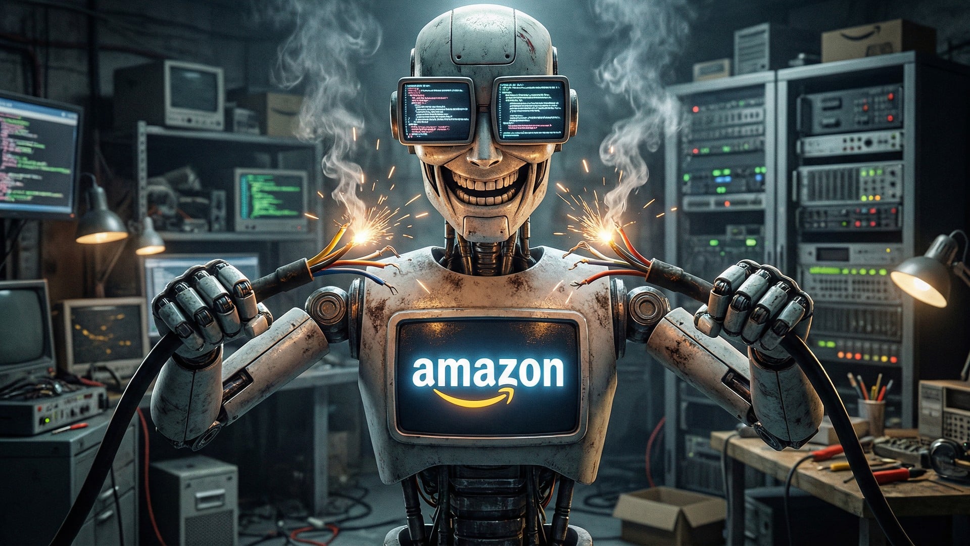 Amazon, Ki, Künstliche Intelligenz, AI, Artificial Intelligence, Technologie, Roboter, Monitor, Kabel, defekt, Elektronik, Automatisierung, Rechenzentrum, AWS, Überhitzung, Serverraum, Werkstatt, Programmcode, Funken, AWS Ausfall