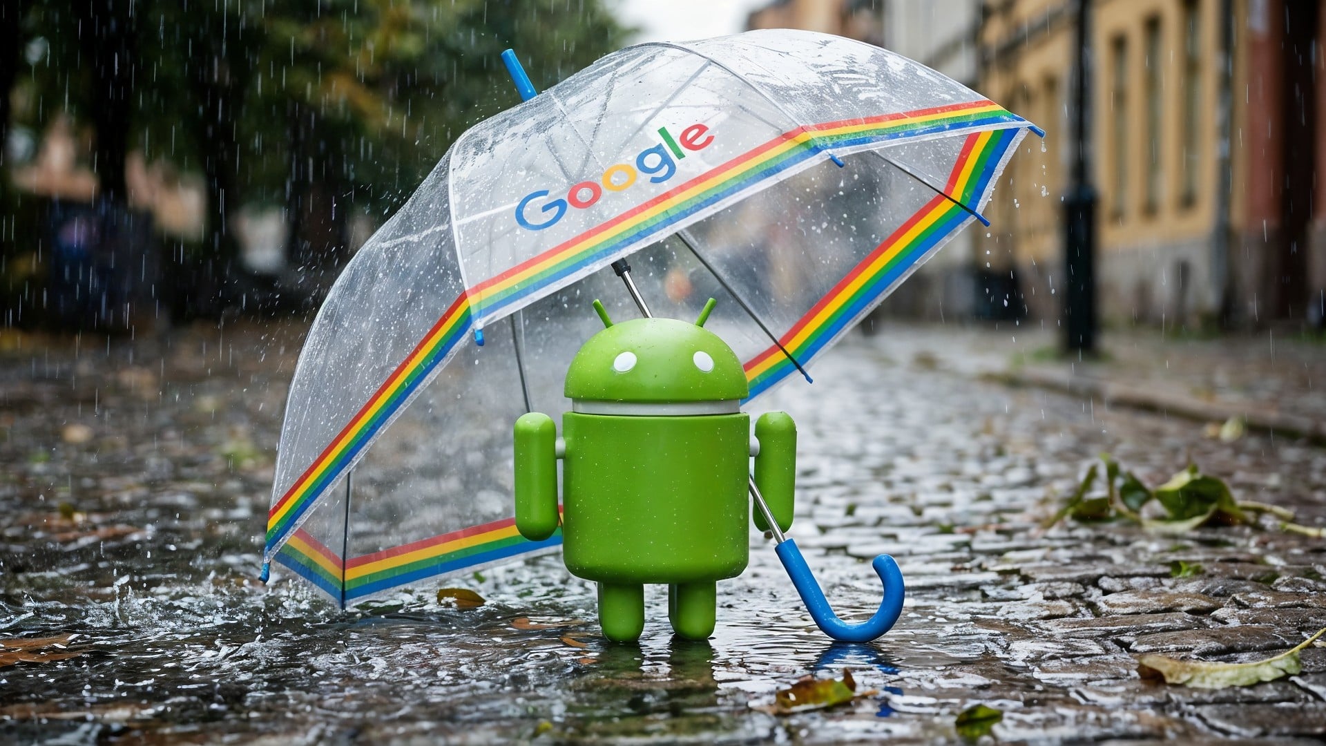 Betriebssystem, Google, Android, Werbung, Roboter, Google Android, Bugdroid, Android Figur, Android Logo, Android Männchen, Wetter, Android-Maskottchen, Regen, Markenlogo, Figur, Regenschirm, Merchandising, Google-Logo