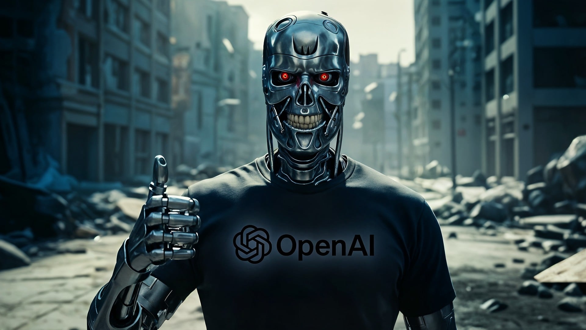Ki, Künstliche Intelligenz, AI, Artificial Intelligence, Technologie, Roboter, OpenAI, ChatGPT, Chatbot, Sci-Fi, KI-Chatbot, Maschinelles Lernen, Digitale Transformation, Zerstörung, Terminator, Dystopie, Tech-Unternehmen, Zukunftsvision, KI-Ethik, Stadtruine, Cyber-Apokalypse