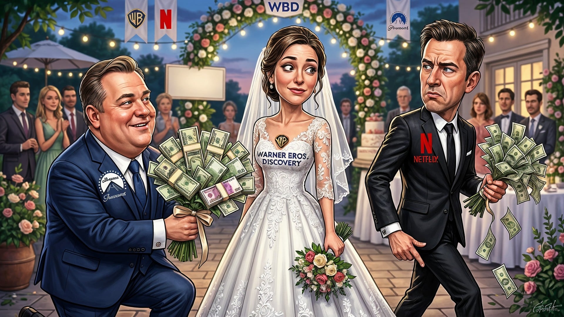 Netflix, übernahme, Geld, Wettbewerb, Hollywood, Paramount, Investition, Fusion, Karikatur, Satire, Warner Bros. Discovery, Streaming-Dienste, Unterhaltungsindustrie, Medienbranche, Konzerne