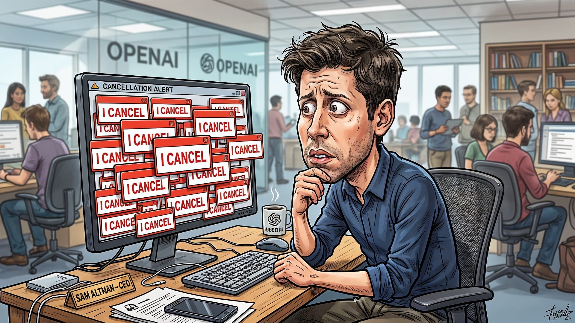Künstliche Intelligenz, OpenAI, ChatGPT, Ceo, Monitor, Abonnement, Büro, Kündigung, Illustration, Sam Altman, Karikatur, Tech-Startup, KI-Unternehmen, Kündigungswelle, Abo-Kündigung