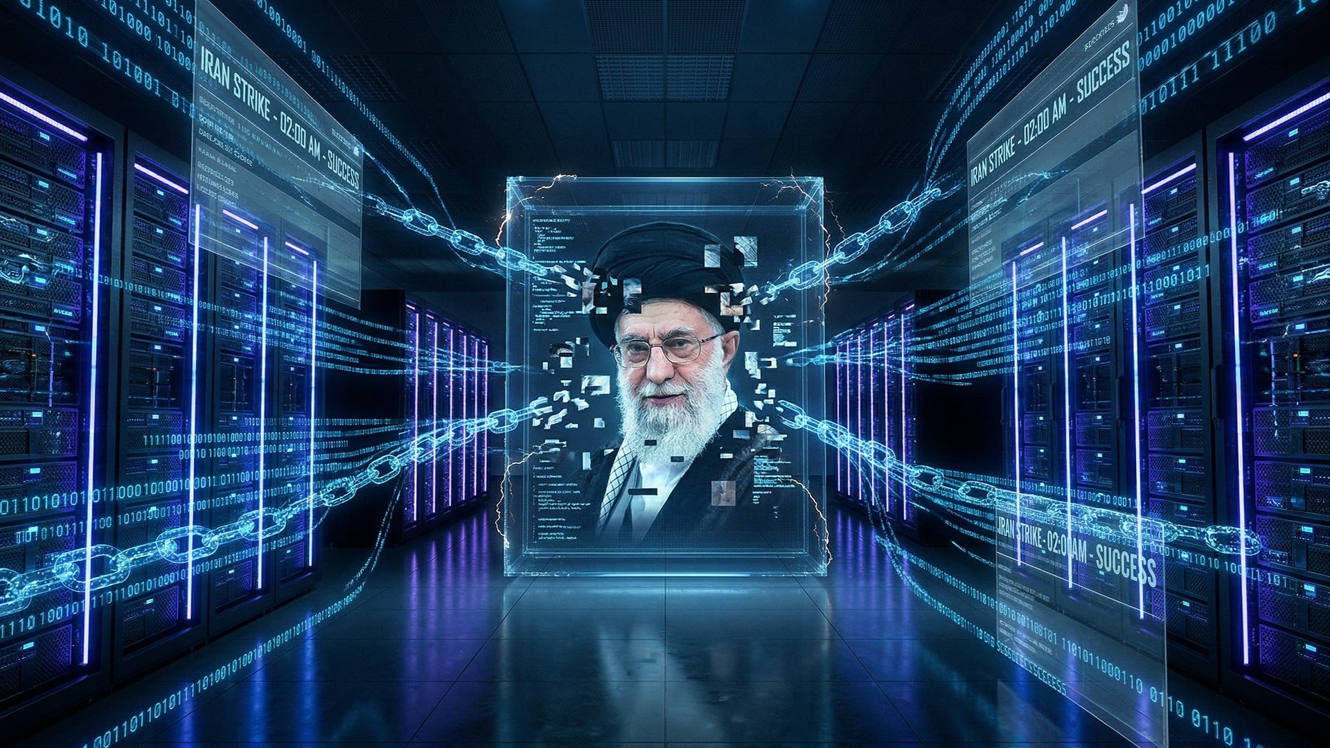 Server, Datenübertragung, Hacking, Cybersicherheit, Datenzentrum, Rechenzentrum, Iran, Blockchain, Binärcode, Serverraum, IT-Infrastruktur, Cyberkrieg, Staatshacking, Digitale Kriegsführung, Ali Chamenei, Netzwerkangriff, Polymarket