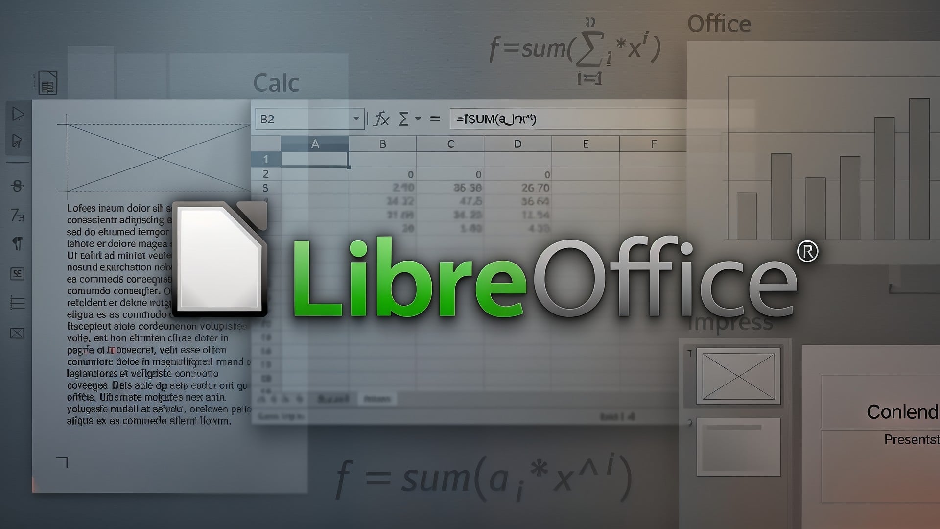 Präsentation, Textverarbeitung, Diagramm, Libreoffice, tabellenkalkulation, bürosoftware, Tabelle, Office-Suite, The Document Foundation, Open-Source-Software, Formel, LibreOffice Calc, LibreOffice Impress, Summe-Funktion