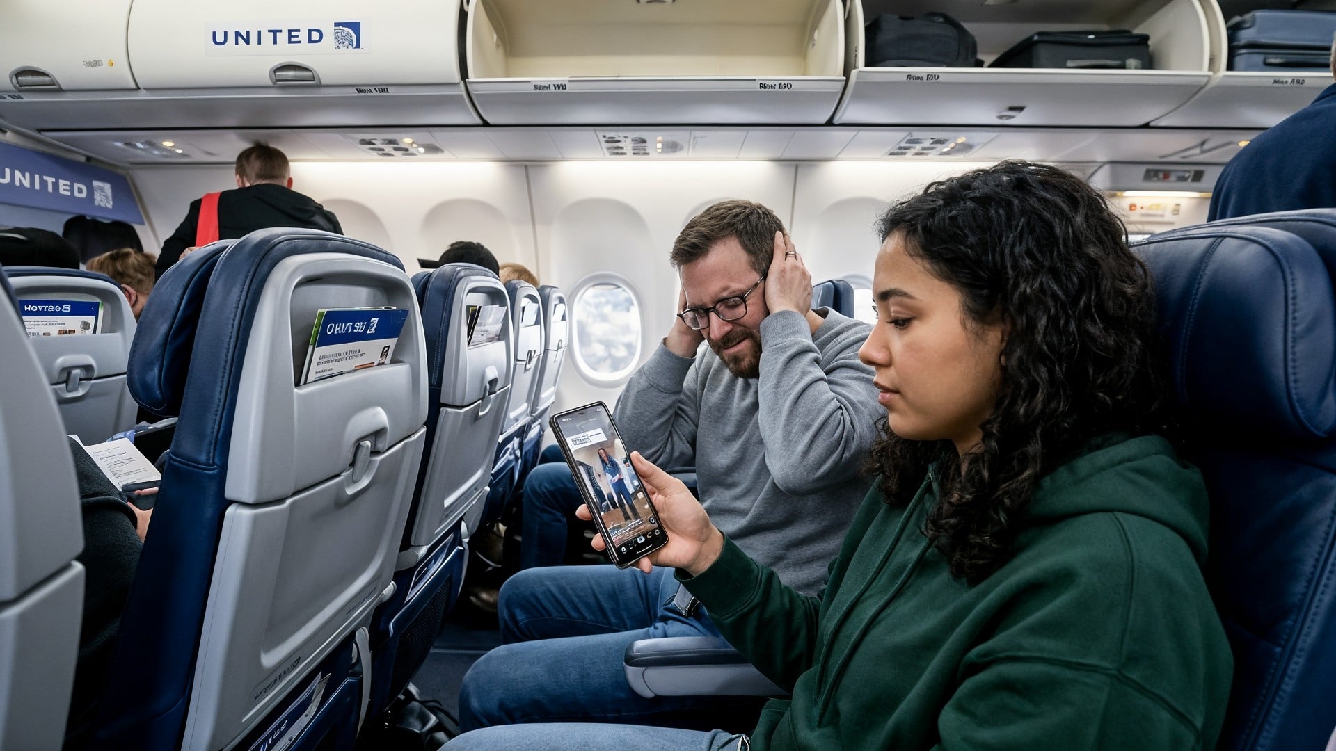 Smartphone, Mobilfunk, Videostreaming, Social Media, Flugzeug, Reisen, passagier, United Airlines, Lärm, Flugmodus, Mobile Nutzung, Bordunterhaltung, Kabine, Inflight-WLAN