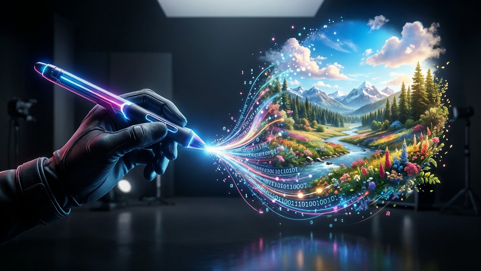Künstliche Intelligenz, Stylus, Bildbearbeitung, Rendering, Virtuelle Realität, Generative KI, Binärcode, Datenvisualisierung, Digitale Illustration, Datenstrom, KI-Bildgenerierung, Text-to-Image, Digitaler Stift, Bildsynthese