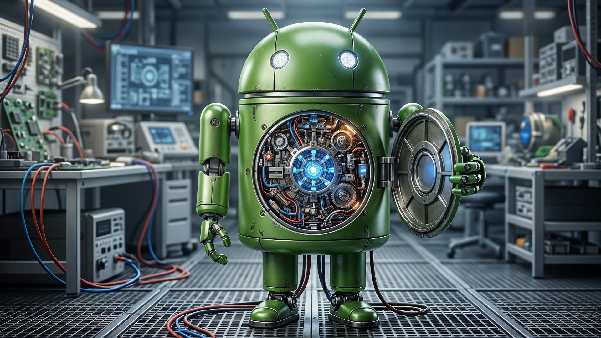 Betriebssystem, Google, Android, Roboter, Google Android, Kabel, Labor, Bugdroid, Android Figur, Android Männchen, Kernel, Platine, Innenleben, Android-Maskottchen, Maschinenbau, Zahnräder, Android-Entwicklung, Elektronik-Werkstatt, Technik-Labor