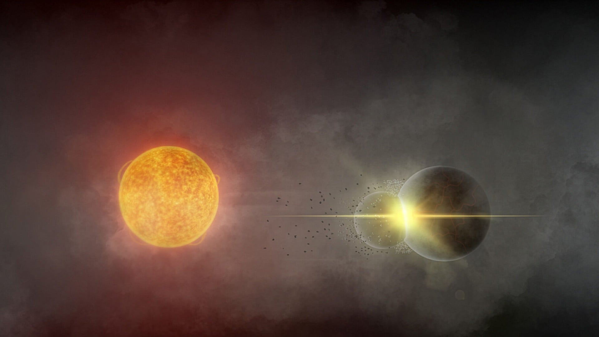 Weltraum, Astronomie, Simulation, Astrophysik, exoplanet, Stern, 3D-Visualisierung, University of Washington, Planetenentstehung, Asteroideneinschlag, Sternsystem, Planetenkollision, Weltraumillustration, Trümmerscheibe