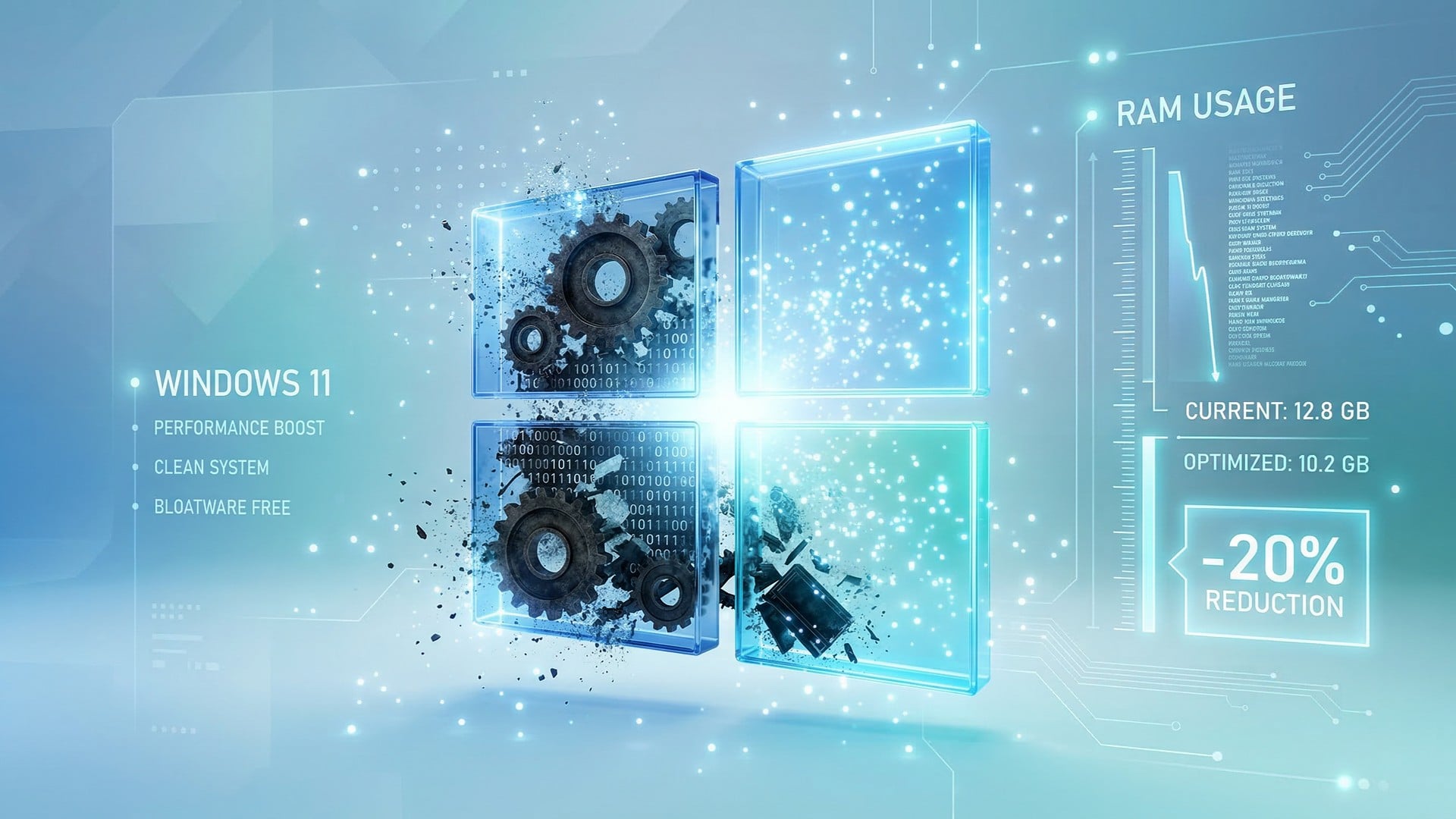 Microsoft, Betriebssystem, Windows 11, Arbeitsspeicher, Bloatware, Binärcode, systemoptimierung, Systembereinigung, Zahnräder, Windows-Logo, Performance-Optimierung, Speicherverbrauch, RAM-Auslastung, HUD-Anzeige, Performance Boost